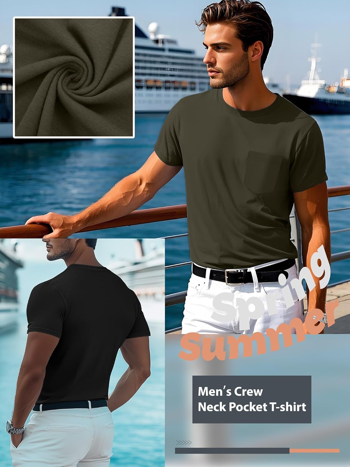 Ficerd 3 Pack Men's Big and Tall T Shirt, Short Sleeve Pocket Cotton Tee Crew Neck Lightweight Tops Solid Loose Fit Shirts(Black, Army Green, Light Mixed Gray,4X-Large) - Image 3