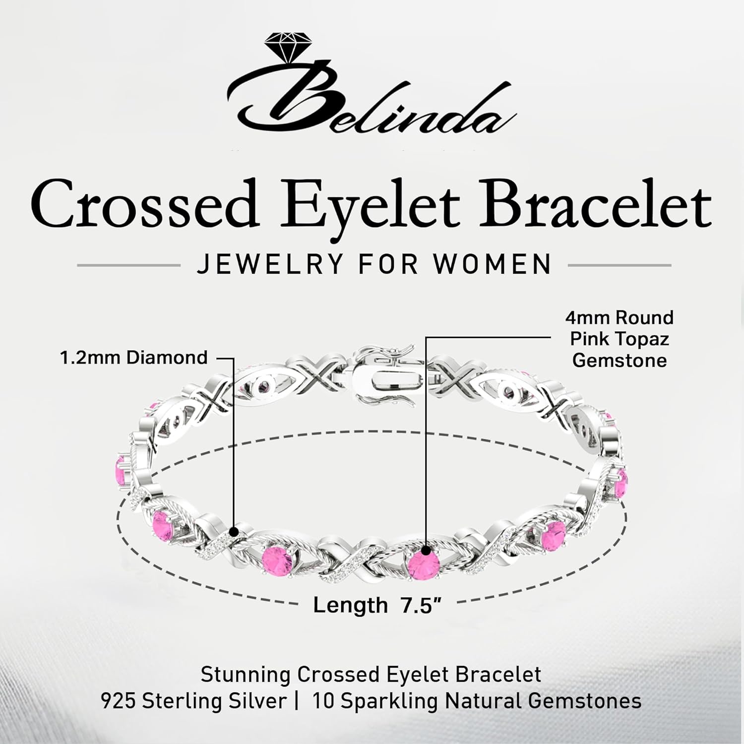 Crossed Lustrous Eyelet Bracelet for Women 925 Sterling Silver Gemstone Bracelet Round 4mm with 1.2mm Cubic Zirconia Bracelet Wrist Jewelry Party Gift, 7 Inch