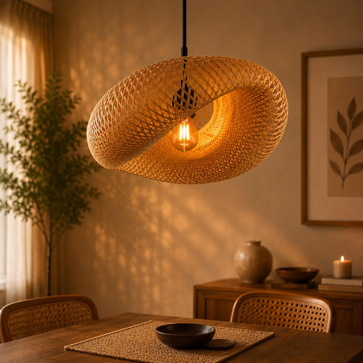 Infinity Wave Rattan Pendant Lamp | Handcrafted Natural Hanging Light | Modern Ceiling Lamp for Living Room, Dining Area & Café | 60 x 41 x 22 cm(Bulb Not Included)-image-46