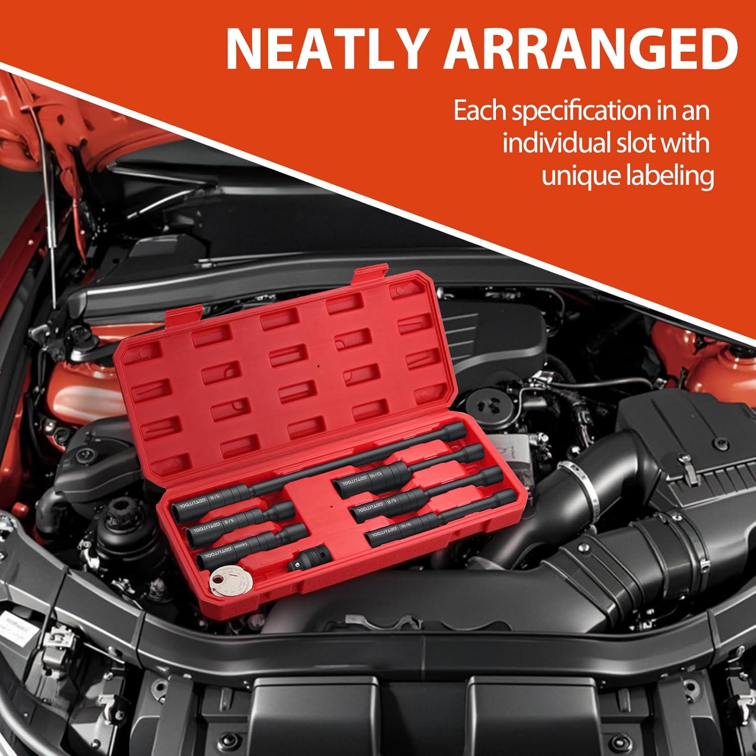 GETLITOOL 6PCS 3/8-Inch Drive Magnetic Swivel Spark Plug Socket Set, CR-V Spark Plug Socket with Size-marked for Repairing Car, 12 Point, Include 9/16-Inch, 5/8-Inch, 13/16-Inch, 14mm Socket