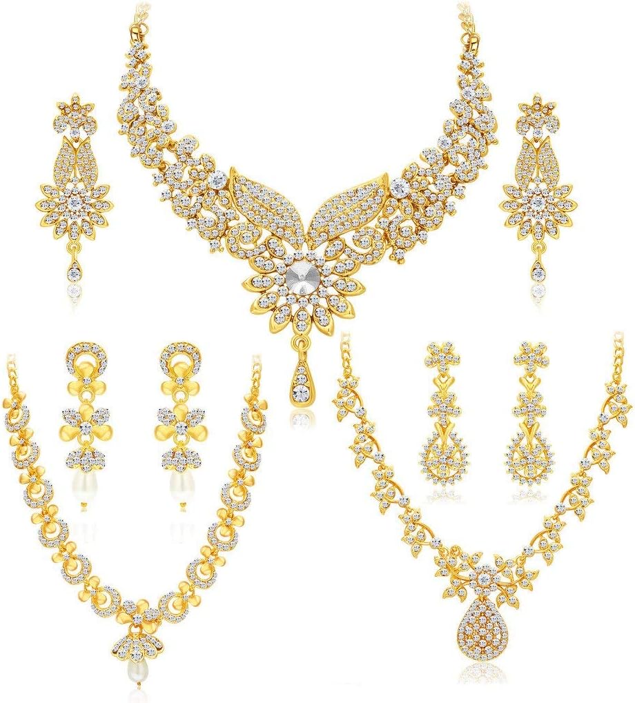 Sukkhi Dazzling Gold Plated Austrian Diamond Choker Necklace Set Combo For Women (413CB1900)