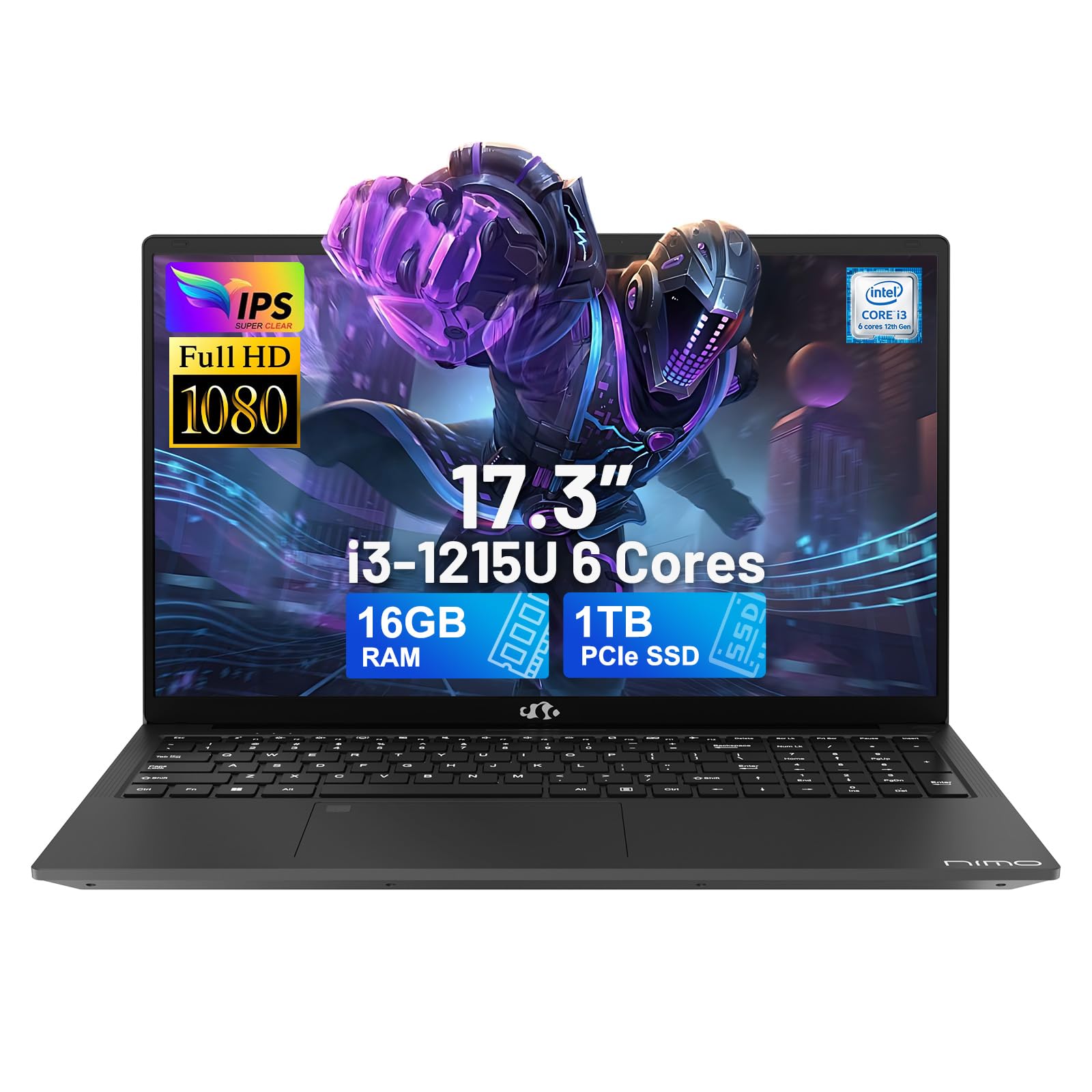 NIMO 17.3" IPS FHD-Laptop, Intel 6 Cores i3-1215U 16GB RAM 1TB SSD (Beat Ryzen 5 7520U, Up to 4.4GHz) Computer with 65W GaN Type C Backlit Keyboard Fingerprint, for Home Student and Business Gray