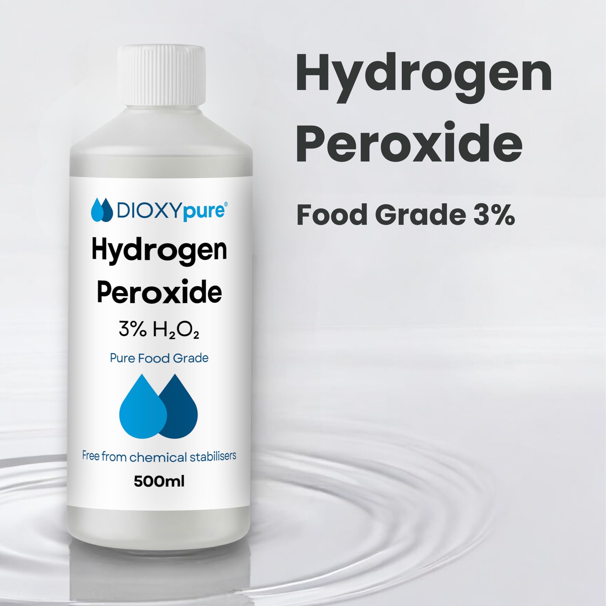 Peroxyde d'hydrogène de qualité alimentaire 3% - 500 ml - H2O2 - Eau oxygénée - Sans stabilisateurs ni additifs - Nettoyant naturel multi-usage - Bouchon sécurité enfant