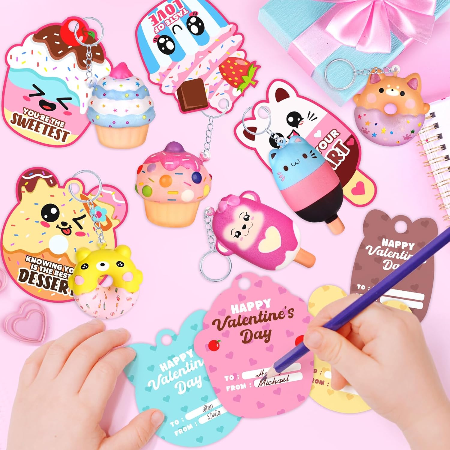 28 Pack Valentines Cards for Kids, Valentine Dessert Squishy Toys with Cards, Classroom Exchange Prizes & Party Favors, Kids Valentines Day Cards, Ideal Valentine Gifts for Boys Girls (Deep pink)