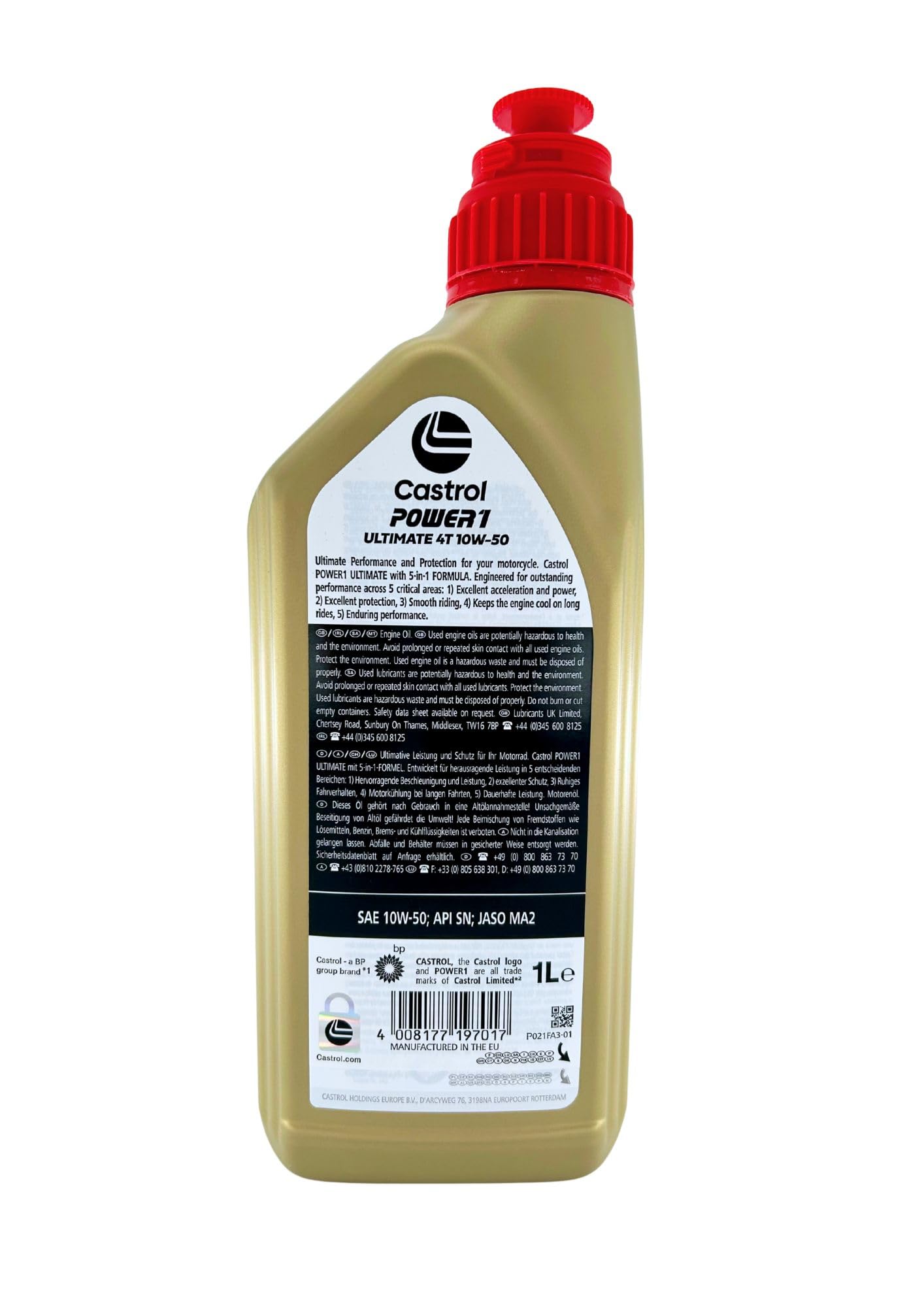 Aceite de motor para moto y scooter Castrol Power 1 Ultimate 4T 10W50, paquete de 3 x 1 l.
