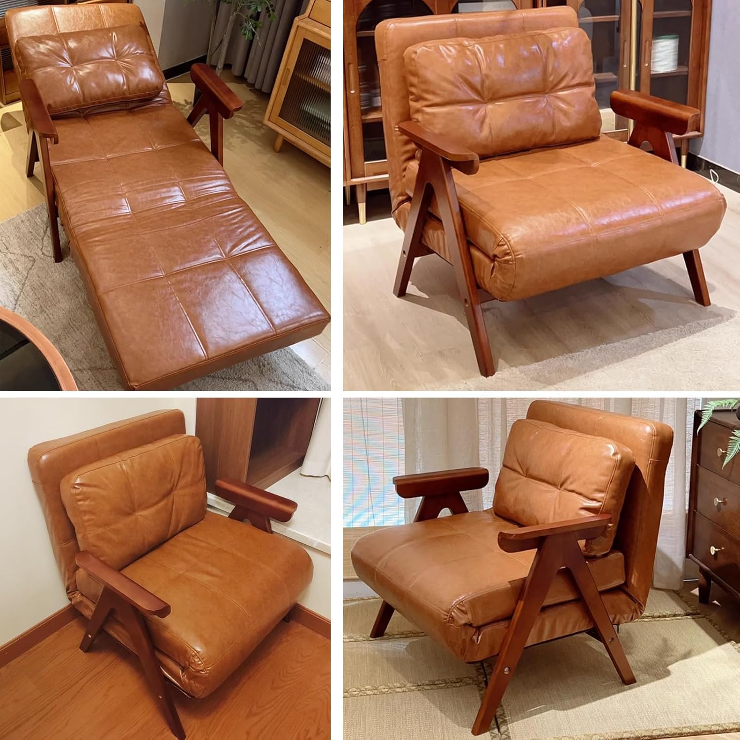 Convertible Solid Wood Sofa Bed - Fold-Out Chair with Adjustable Backrest, Retro PU Upholstery, Ideal for Small Living Rooms, Apartments, and Guest Use