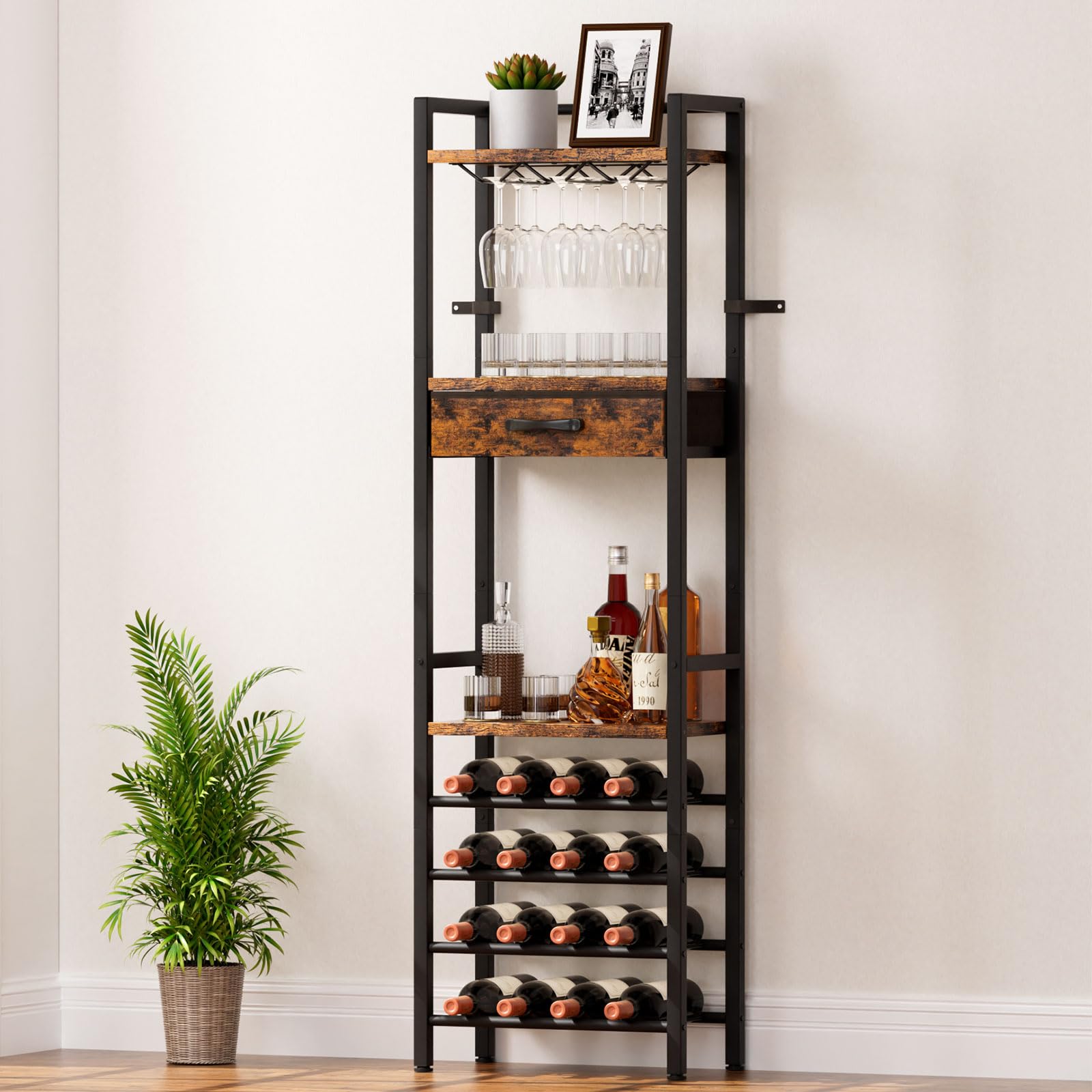 Yorbay Wine Rack for 16 Bottles, 4 Tier Wine Rack with Glass Holder and Drawer, Vintage Metal Wine Rack with Shelves for Bar, Kitchen, Dining Room, Floor