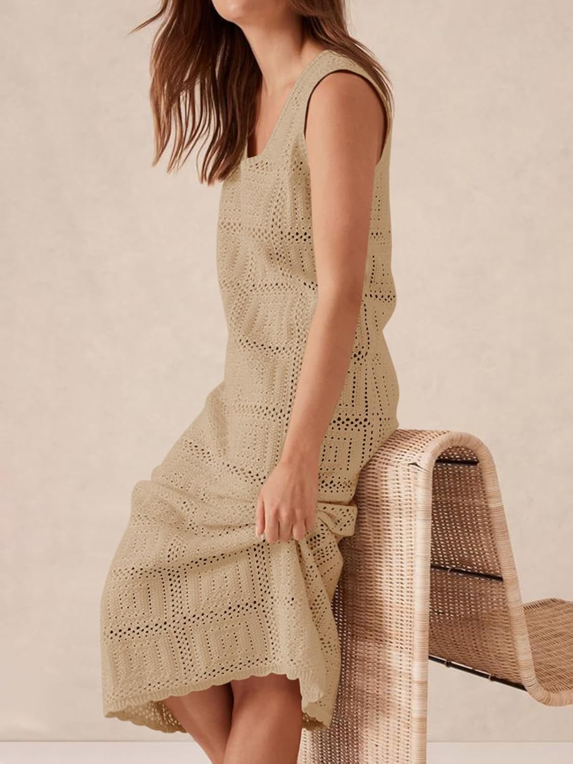 Fisoew Womens Crochet Sleeveless Dress Casual Summer V Neck Boho Knit Cover Up Beach Vacation Midi Tank Dresses - Image 4