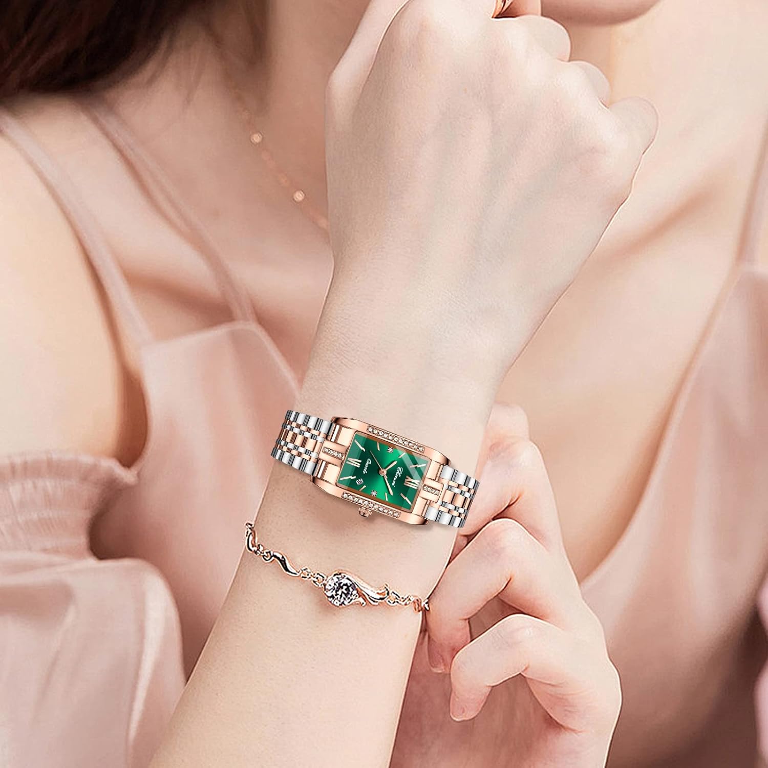 FANMIS Luxury Women's Classic Crystal Diamond Bracelet Watch Elegant Small Face Stainless Steel Waterproof Watch Business Dress Watch for Ladies (X Green)