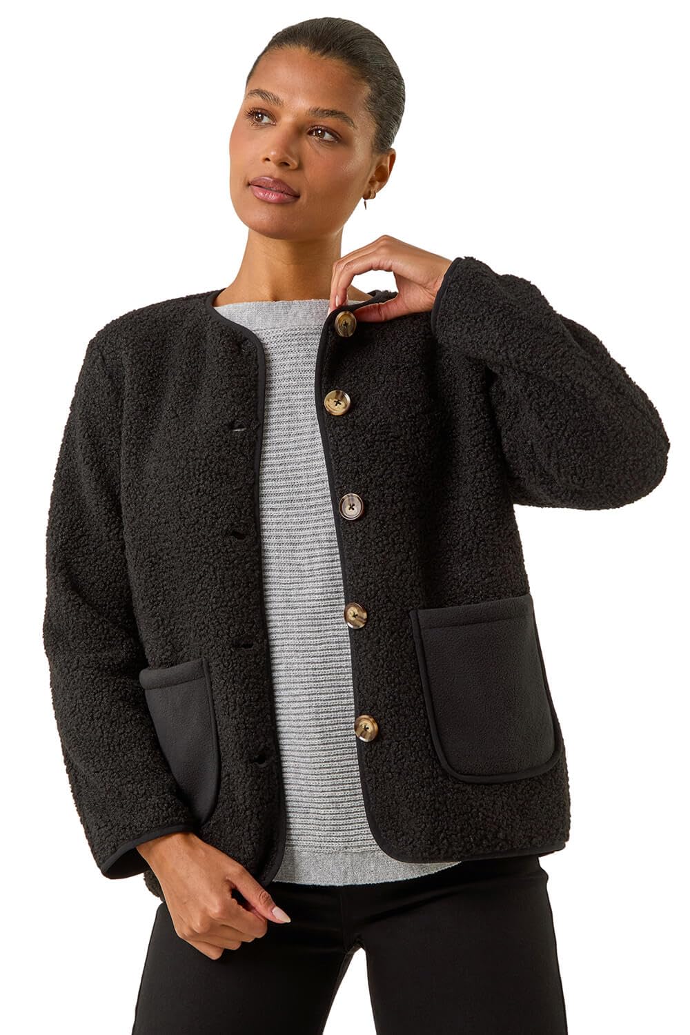 Roman Originals Women's Black Fleece Pocket Front Jacket For Uk - Everyday Autumn Winter Round Neckline Comfy Soft Evening Vacation Work Party Night Out - Size 14