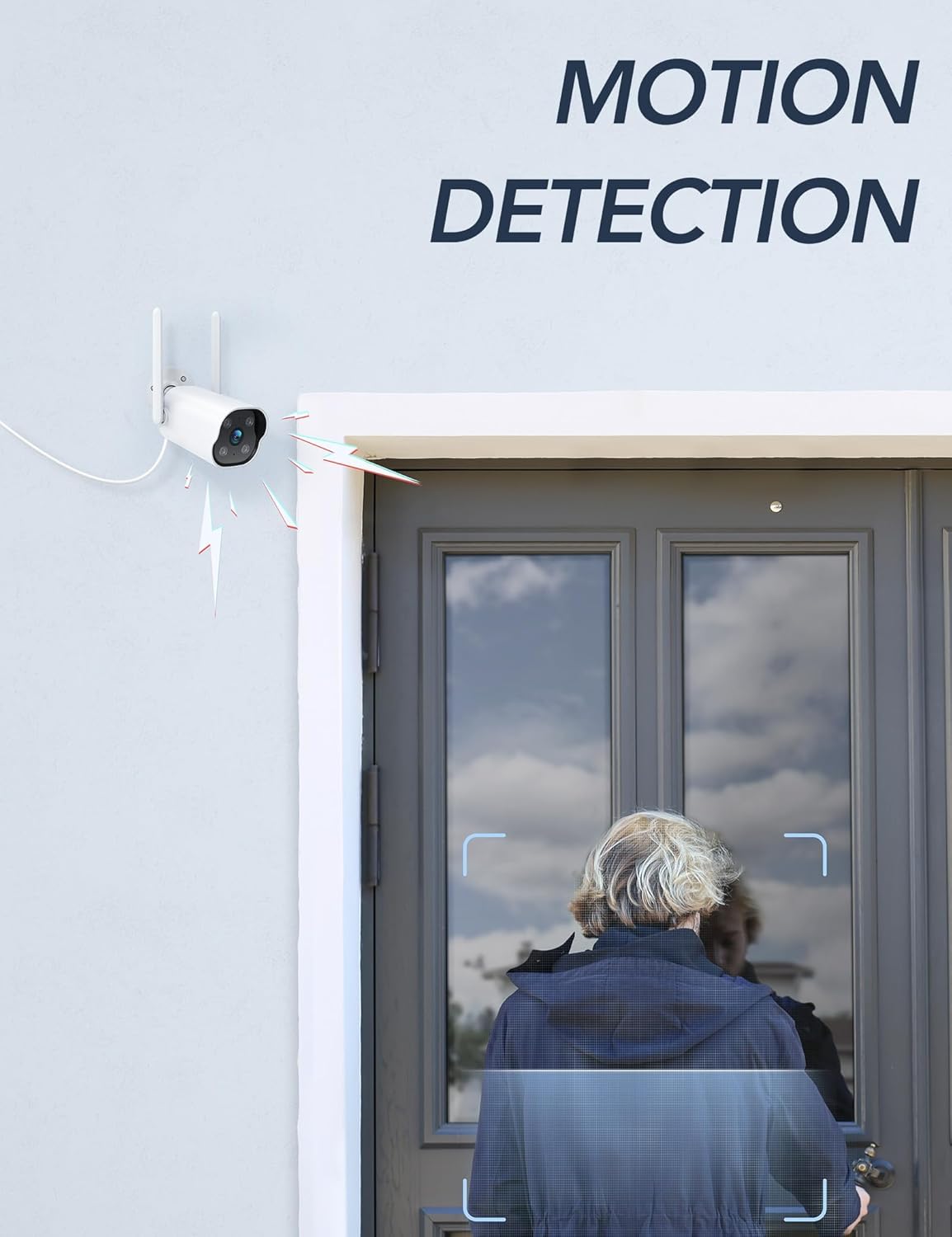 GNCC outdoor camera detecting a person approaching a door, with motion detection lines.