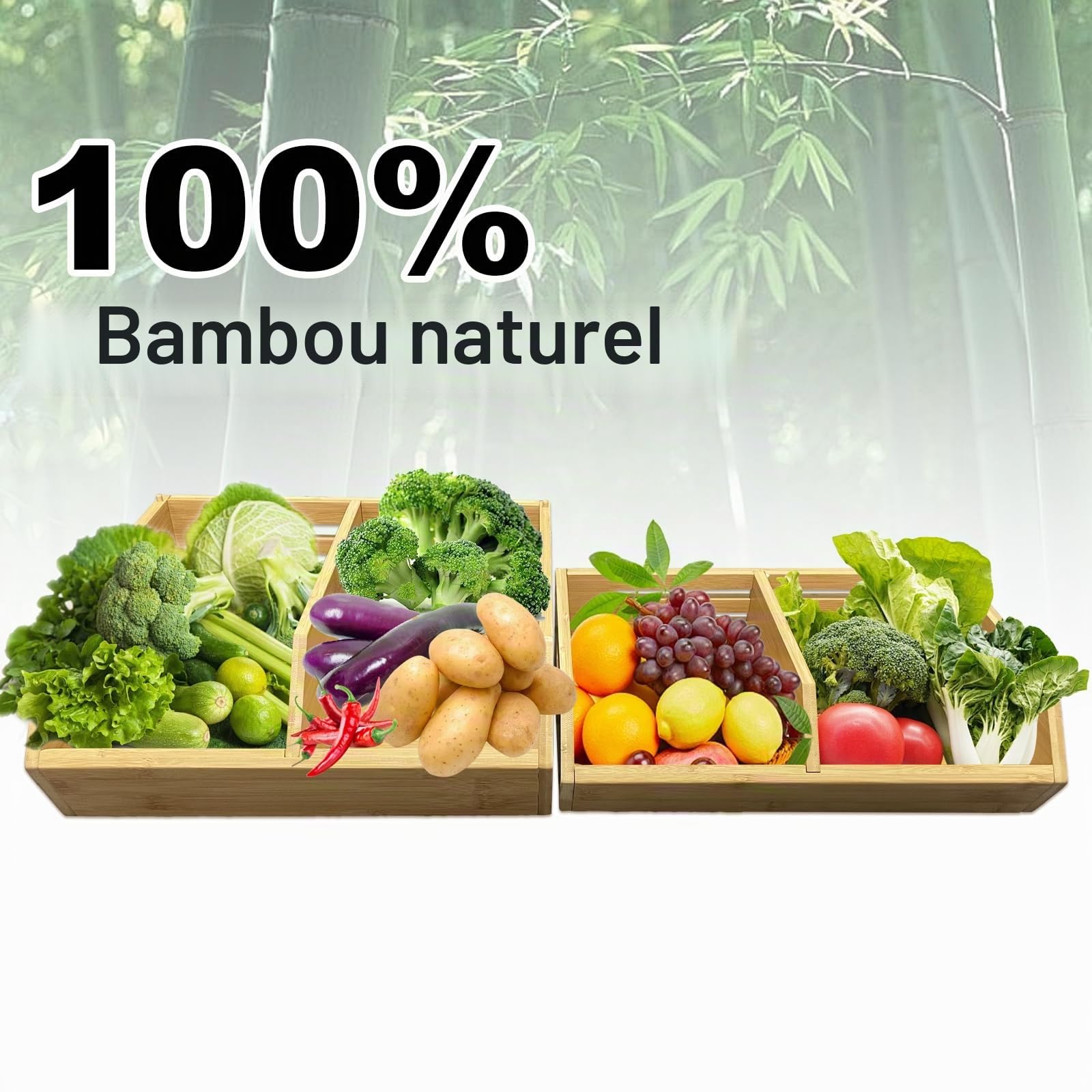 Lot de 2 bacs de rangement empilables en bambou pour légumes, organisateurs et paniers de rangement pour cuisine et garde-manger, pour fruits, légumes, produits, pain, pommes de terre, oignons et