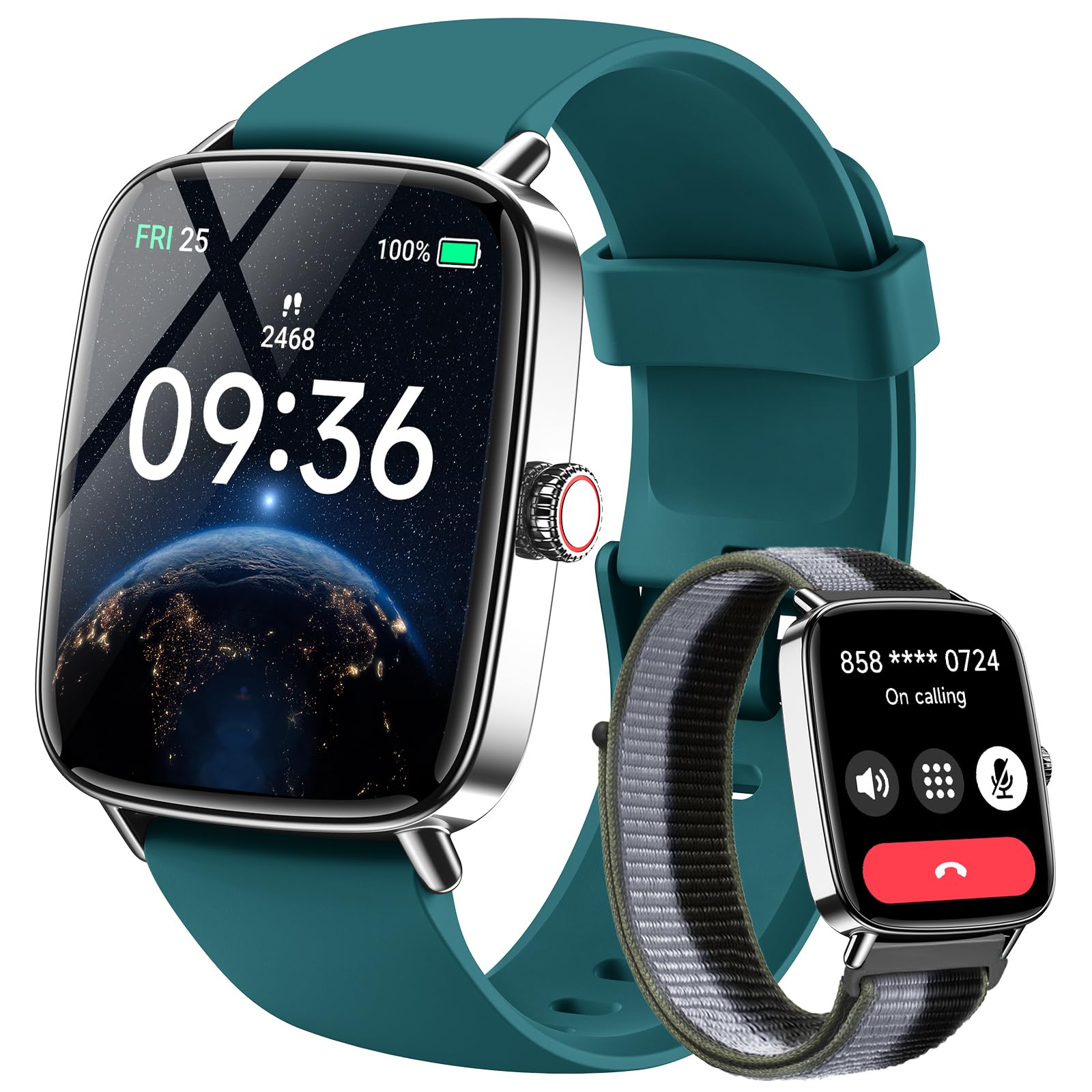 Gydom Smartwatch Herren mit Telefonfunktion 1.85" 2 Armbänder Fitnessuhr Fitness Tracker Herzfrequenz/SpO2/Schlafmonitor/IP68 Wasserdicht Sportuhr Schrittzähler Uhr für Samsung Android iOS Grün