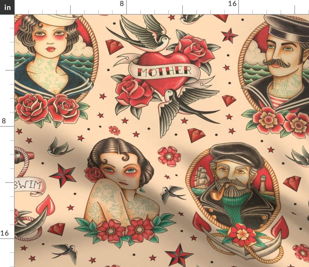 Spoonflower Fabric - Old School Vintage Tattoo Beige Large Classic Skulls Anchor Sailor Printed on Petal Signature Cotton Fabric by The Yard - Sewing Quilting Apparel Crafts Decor