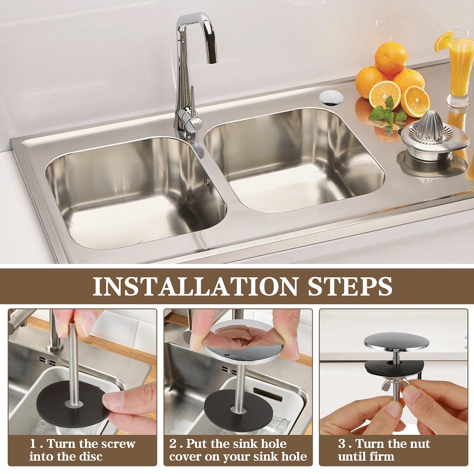 Cubierta para agujero de fregadero, cubierta de acero inoxidable, tapa de agujero de fregadero de cocina, accesorios de fregadero para decoración del hogar, cocina y baño (plateado)
