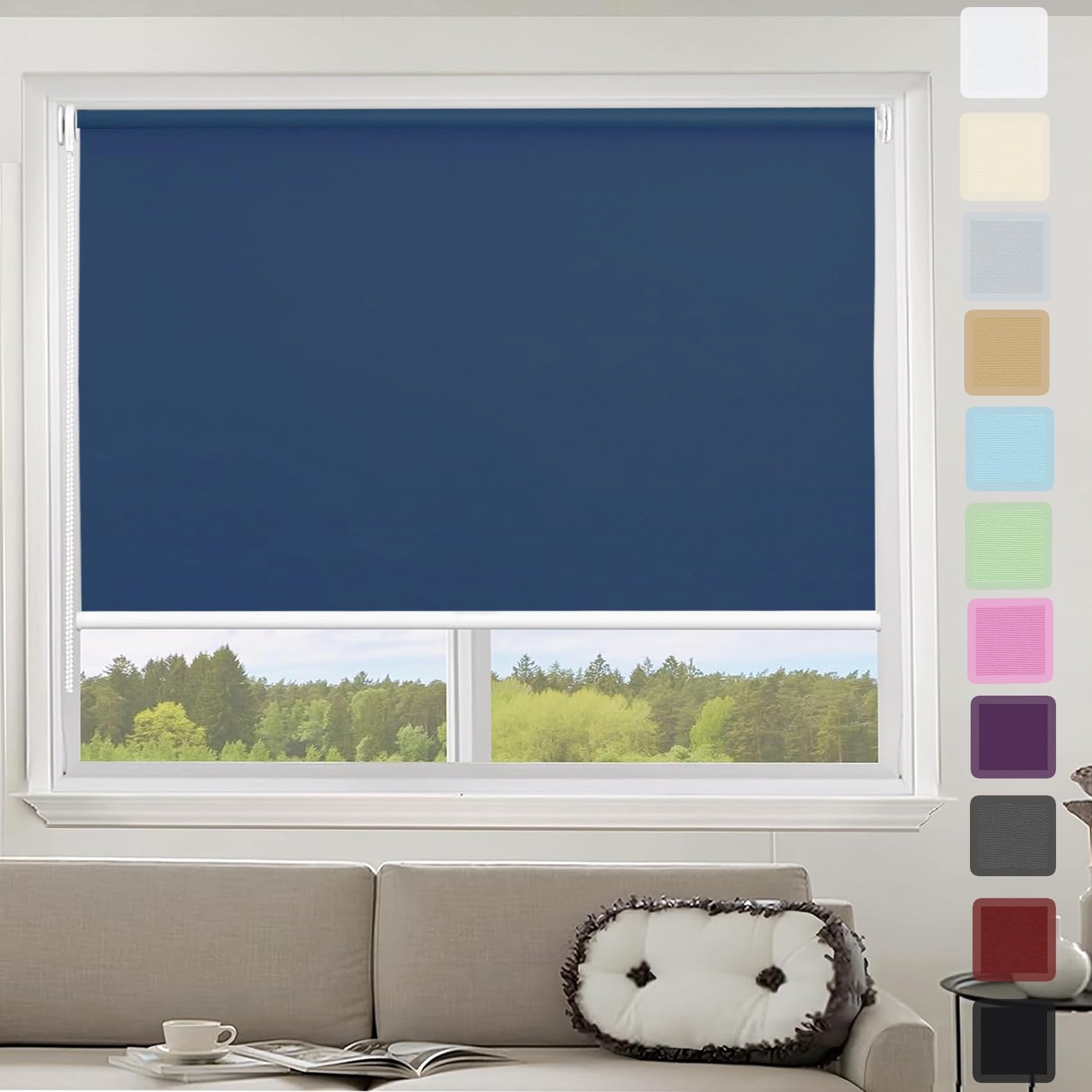 Thermal Blackout Blinds, 120 x 100 cm Adjustable and Lightweight, No Drilling Required Balcony Window with Beaded Chain For Inside and Outside Recess Fitting, Navy Blue — image 1
