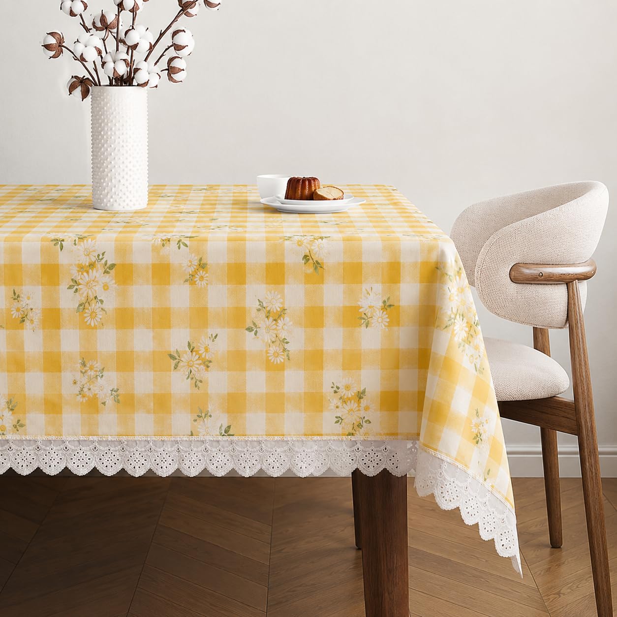 Amazon Brand – Umi Cotton Tablecloth for 6-8 Seater Dining Table, Yellow Gingham Check Daisy Floral Print Rectangular Table Cover with Lace Trim 4 Corners, Farmhouse Cottage Style Washable Table Linen-image-12