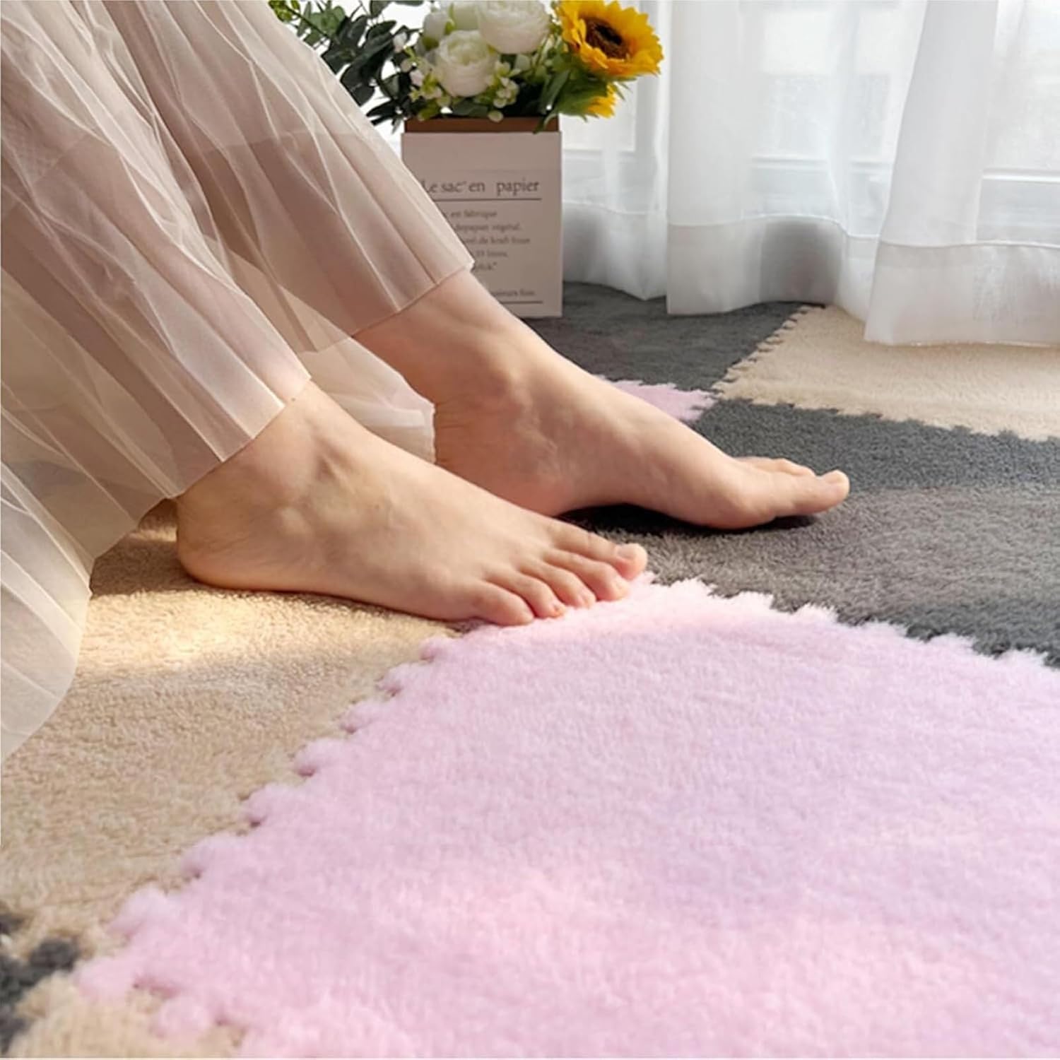 30pcs 10mm Thick Plush Interlocking Carpet Tiles, Puzzle Foam Carpets Square Rugs, Easy to Install Fluffy Crawling Play Mat(Gray,60x60cm)