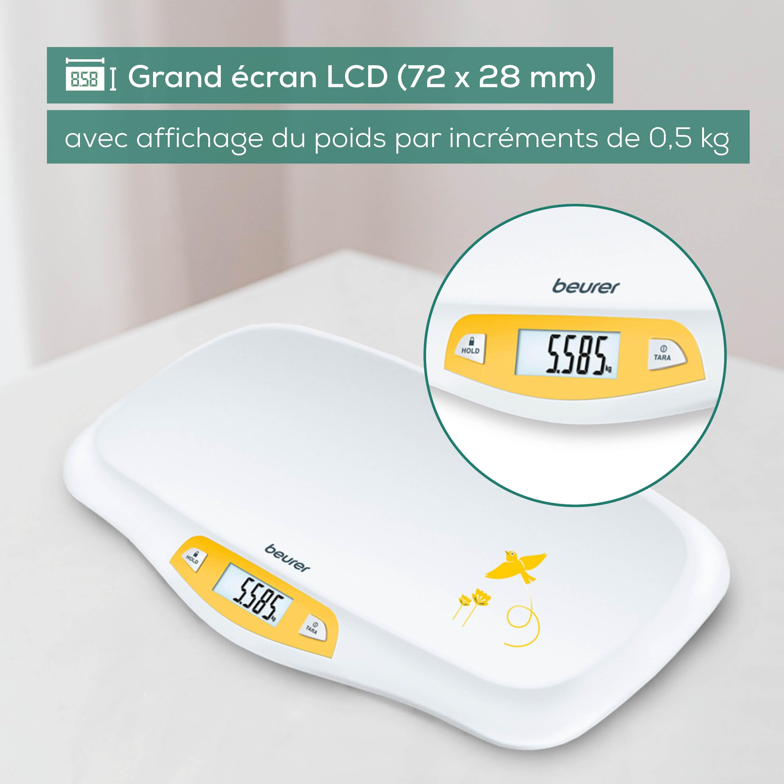 Beurer BY 80 Pèse-bébé avec surface incurvée, capacité de 20 kg, fonction de tare et de maintien pour les bébés qui donnent des coups de pieds, mesure et affichage par graduation de 5g