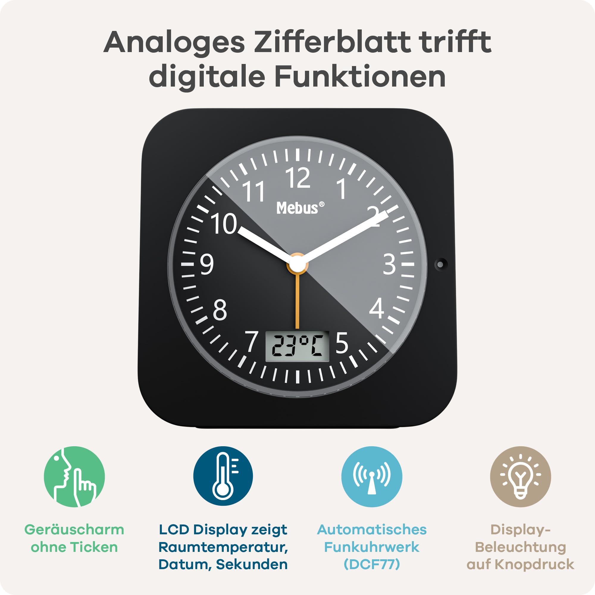 MEBUS Funk-Wecker mit Thermometer/Datumsanzeige, Schlummerfunktion, großes Display/Quadratisch/Hintergrundbeleuchtung/Farbe: Schwarz/Modell: 25609