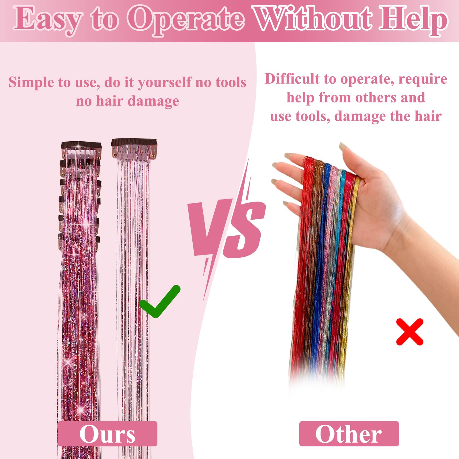 6pcs Pink Hair Tinsel Extension Clips Kit - Image 3
