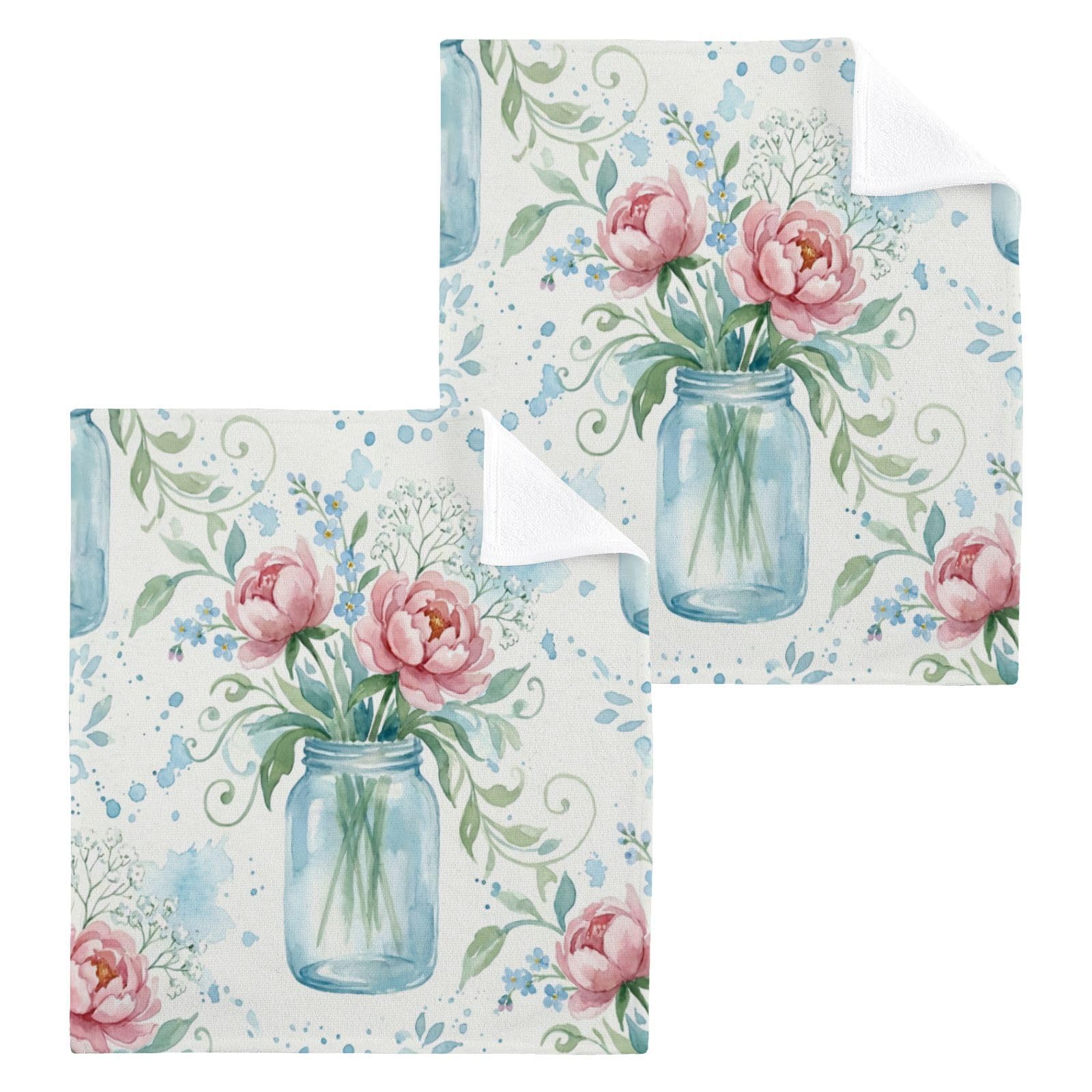 BOESI Peony Pattern 12x12in Cotton Washcloth,Face Towel