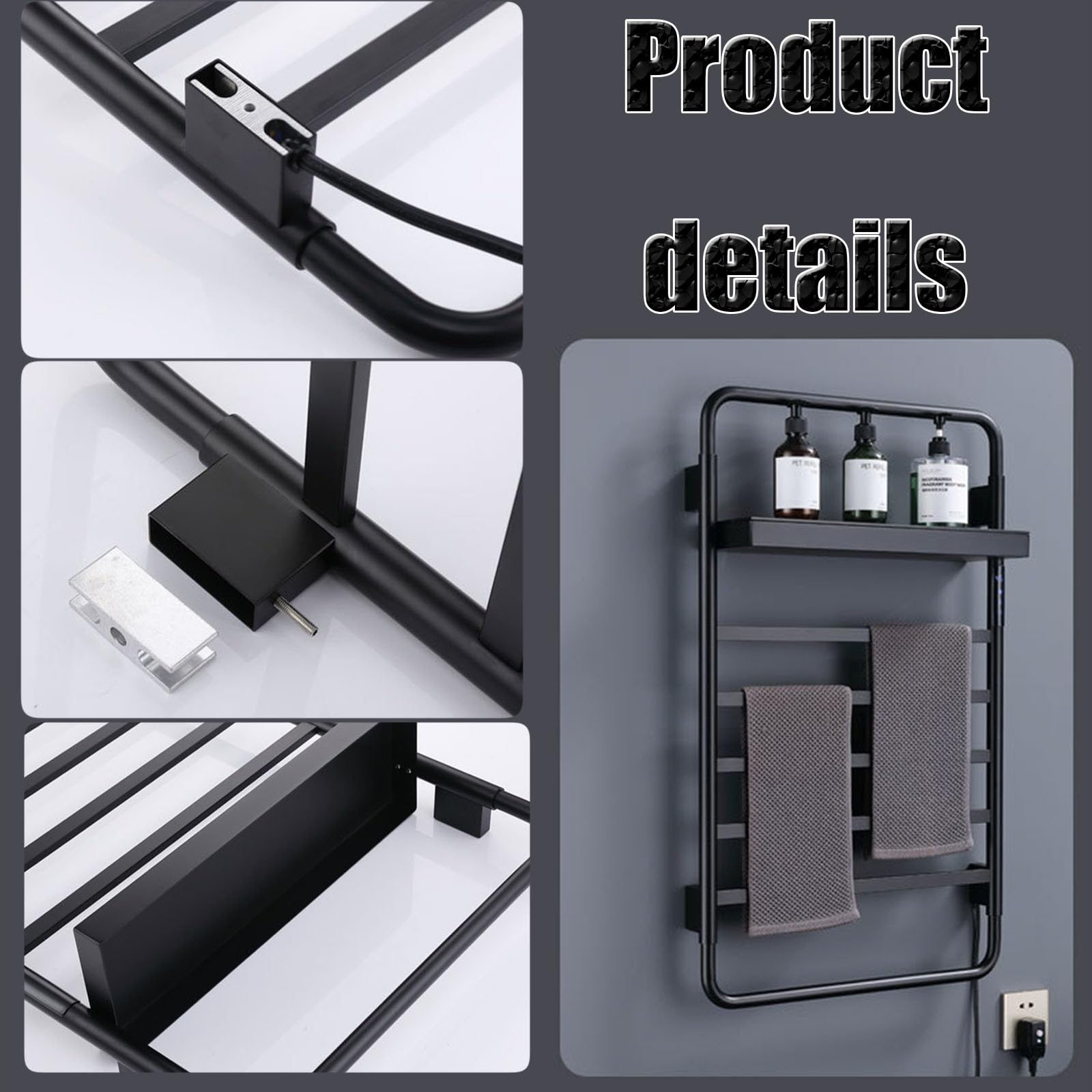 Toallero calefactado de acero inoxidable – Estante de secado de radiador eléctrico montado en la pared, acabado negro con estante superior, perfecto para uso en el baño, diseño que ahorra espacio