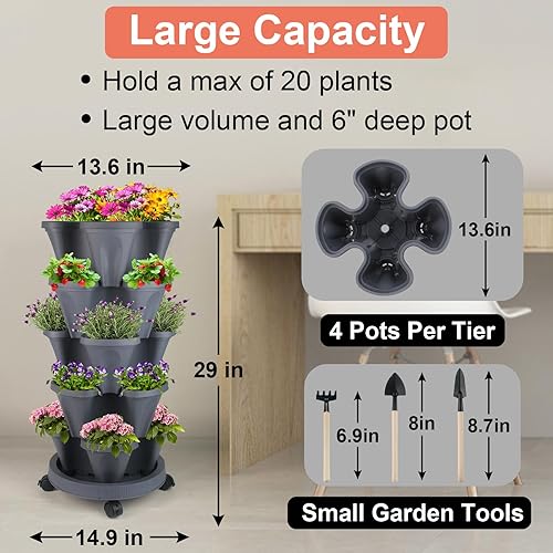 Miniatura 4 de Macetero vertical apilable de 5 niveles para jardín, torre de jardín, fresa, hierbas, flores y verduras, macetas de jardinería para interiores y