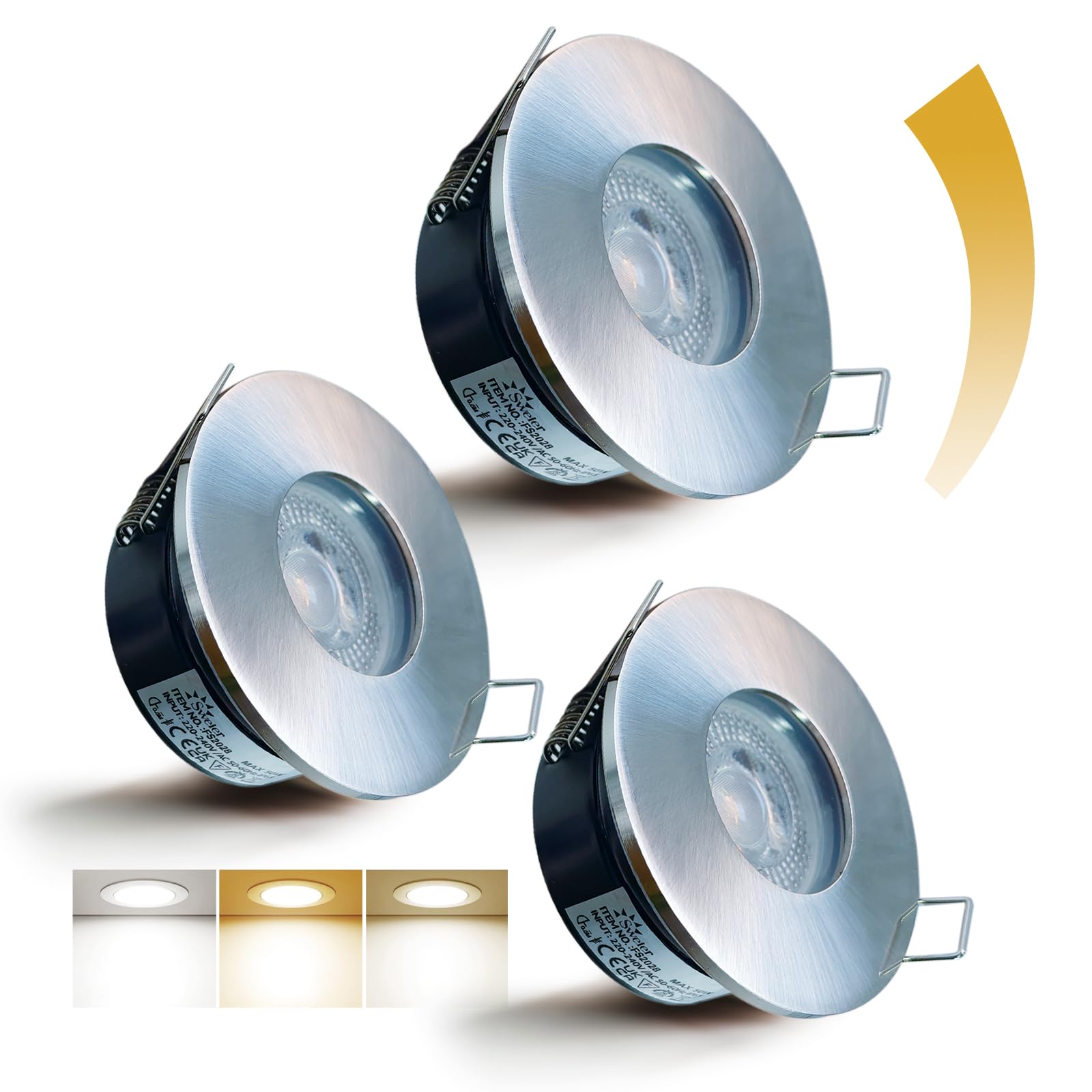 Sweier Recessed Ceiling Lights Dimmable, 5W Spot Lights Warm White 3000K Natural White 4000K Cool White 6000K Living Room Spotlights, IP65 LED Downlights Ceiling, Nickel, Cut Φ68-75mm, 3 Pack