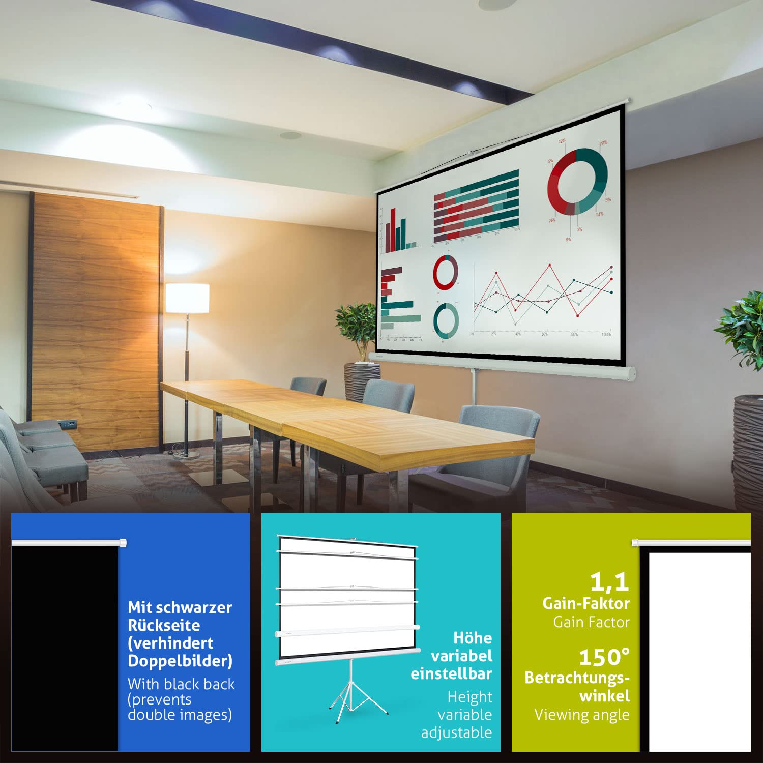 ESMART Professional MISATI schermo su treppiede L tot. 202 cm, telo bianco | Area di proiezione 186 × 105 cm, formato 16:9, telo bianco per home cinema e presentazioni, uso mobile