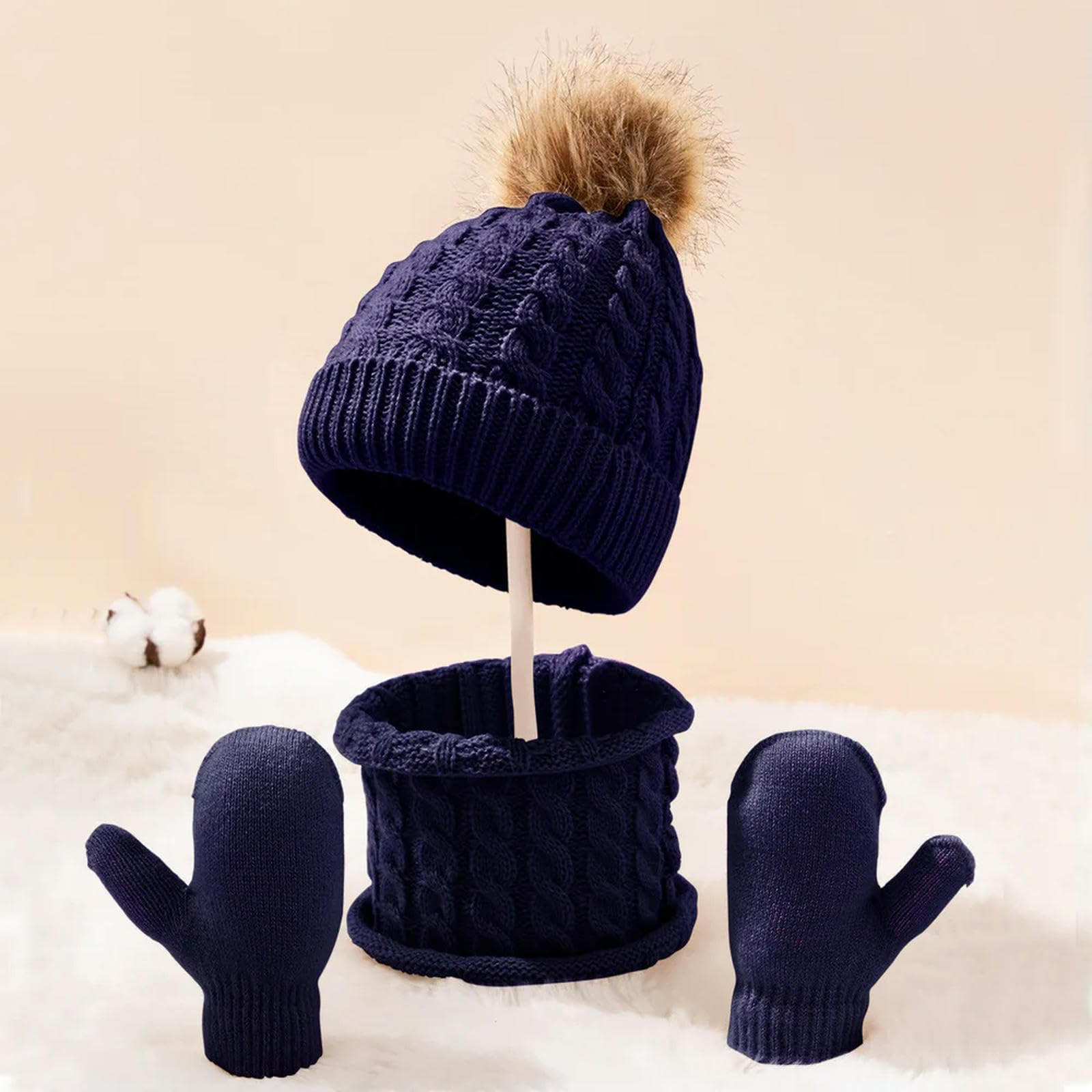 3-teiliges Winter-Set für Babys, Mütze, Schal und Handschuhe, einfarbig, für Kleinkinder, mit Bommel, Strickmützen, warmes Outdoor-Zubehör für Kleinkinder, süß (Hellgrau A)