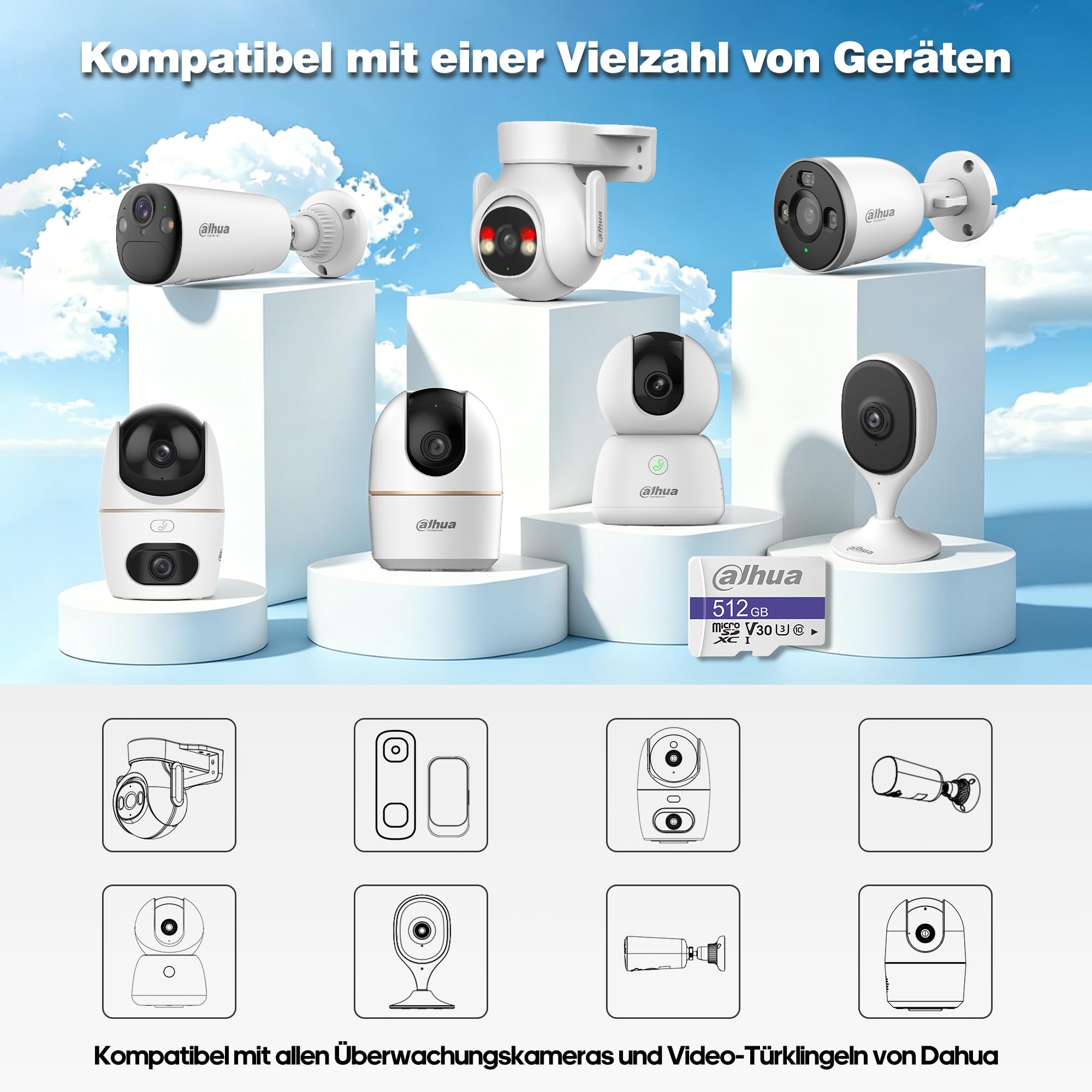 Dahua 512GB Micro SD Karte (microSDXC) – Class 10 UHS-I U3 V30 Speicherkarte Micro SD bis 95 MB/s, C100 High-Endurance SD Card für 4K Überwachung & Maximale Speichererweiterung (inkl. Adapter)