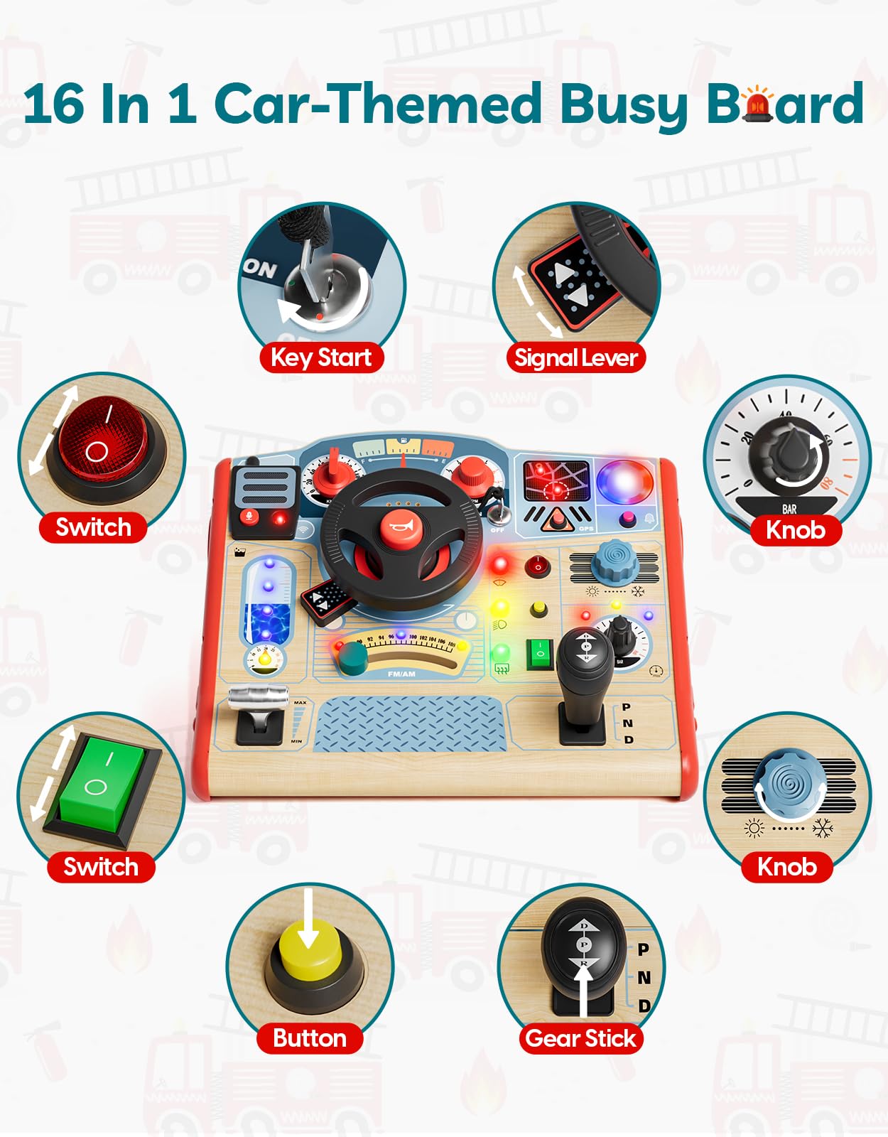 TOP Bright Montessori Busy Board con luce LED, giocattoli sensoriali con suoni e interruttori, tavola di attività per bambini dai 3 ai 5 anni, giocattolo per guida in auto per bambini di 3 anni