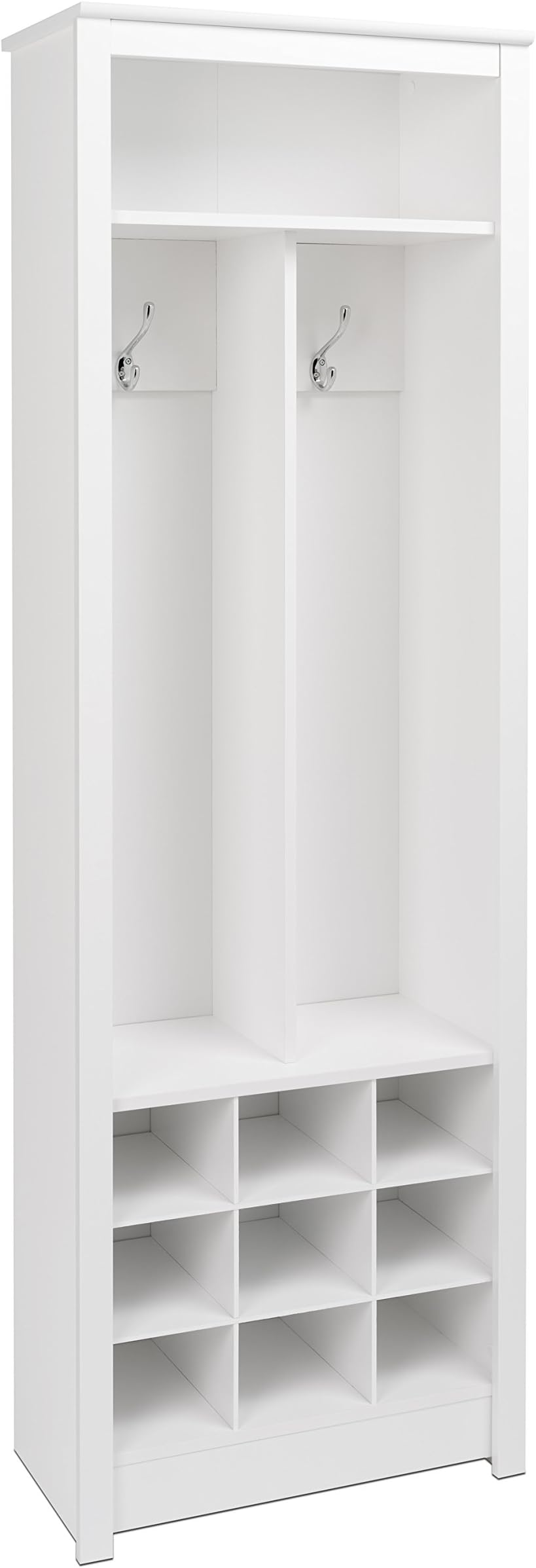Prepac Entryway Organizer with 2 Coat Hooks, Coat Rack Hall Tree with 9 Cubbies for Shoe Storage, Furniture for Entryway with 1 Upper Shelf, 23.5” W x 72.5” H x 13” D, White