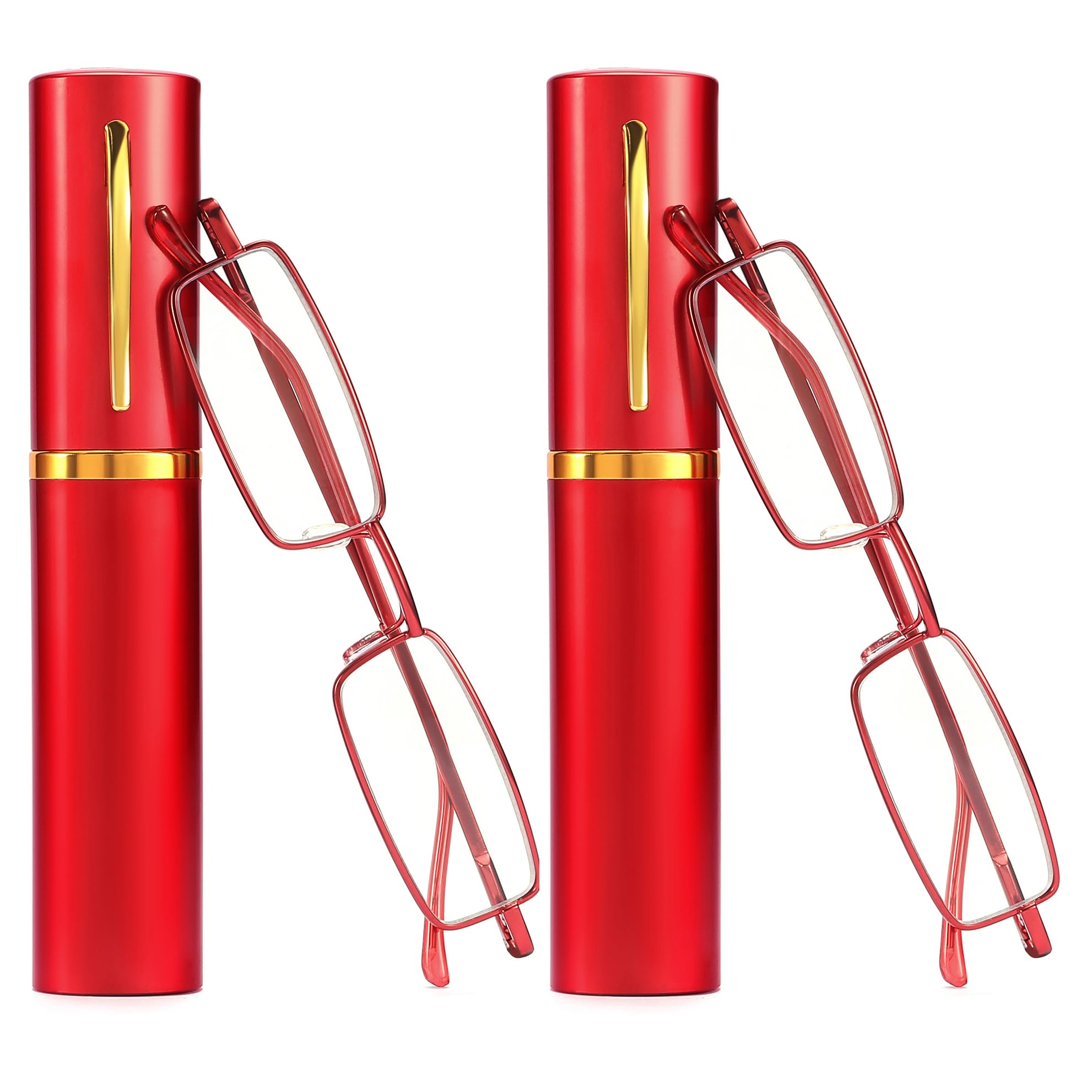 touk Small Portable Reading Glasses Anti Blue Light UV, Compact Slim Pocket Readers with Mini Pen Clip Tube Case for Men Women 2 Pack Red +2.0