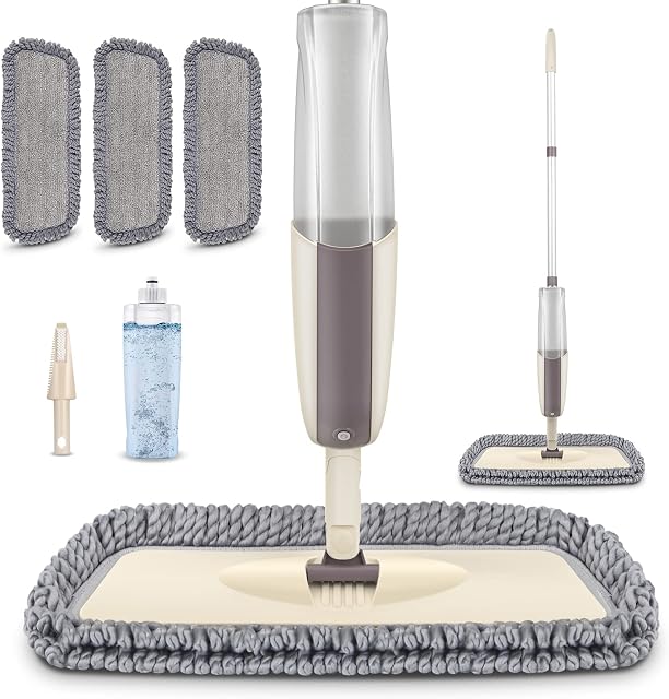 Microfibre Mop Floor Mop with Spray For Floor Cleaning, MEXERRIS Mop For Laminate Wood Tiles Wet Dust Mop With 1 Refillable Bottle 410ML & 3 Reusable Pads 1 Scrubber