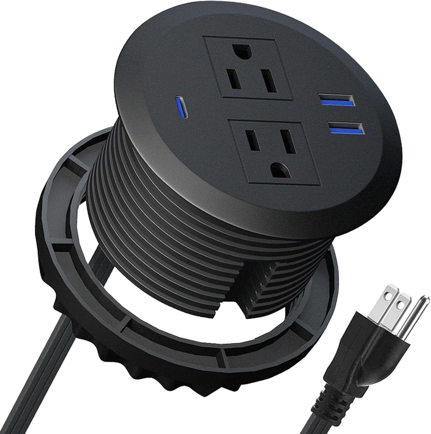 3 Inch Power Grommet,10ft Cord,20W USB C Fast Charging Station,3 USB Ports,Flush Mount.Round Recessed Power Center Desk Hole Grommet Outlet for Workspace,Couch,Black