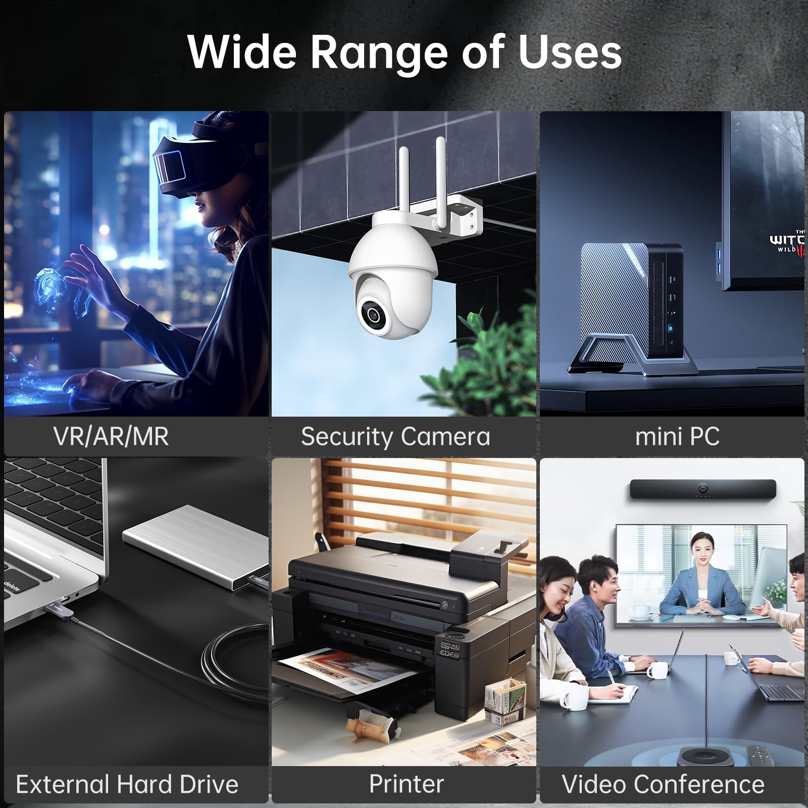 Cavo in fibra ottica da USB C a USB C, 20 m, 10 Gbps ad alta velocità per trasferimento dati a lunga distanza, cavo USB 3.1 tipo C per VR/AR/Logitech/Barco ClickShare Touch Screen Kinect Intel