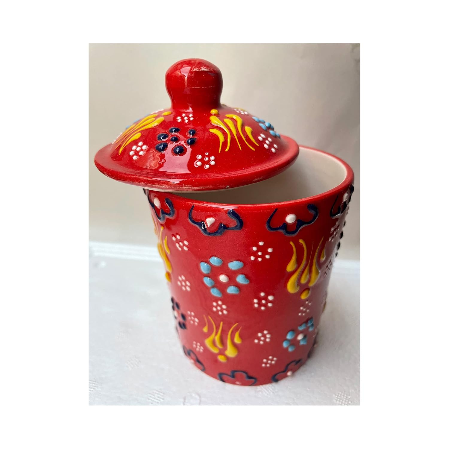 Red Relief Salt, Herb & 11 oz Spice Jar, Pottery Salt Cellar, Ceramic Food Storage Canister with Lid for Tea, Coffee, Candy, Sugar Container