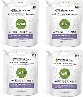 Heritage Park Silk & Wool Fragrance Free, Hypoallergenic, pH-Neutral Laundry Detergent - Dermatologist-tested, Sensitive Skin-Friendly, Enzyme-Free, Ultra Concentrated (64 fl oz Refill, 4-Pack)