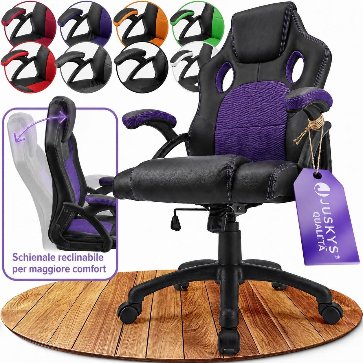 Juskys Sedia racing da scrivania Montreal viola| Braccioli imbottiti e schienale ergonomico | Sedia da ufficio Sedia girevole Sedia da gaming