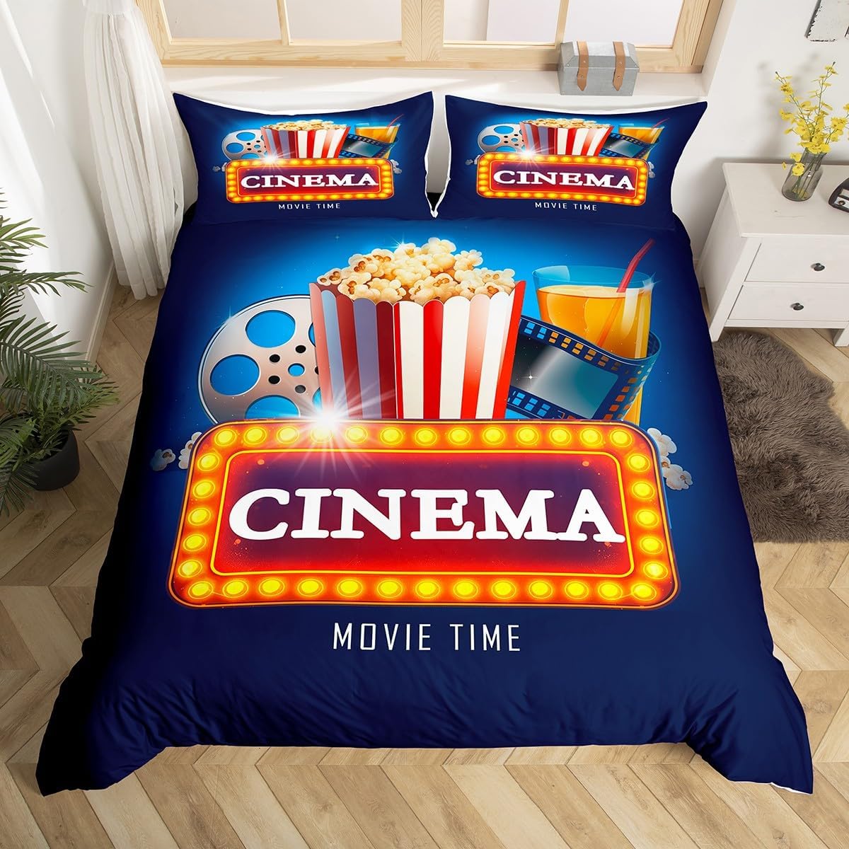 Castle Fairy Movie Theme Bedding Set,Vintage Cinema Ticket Duvet Cover for Kids Teens Boys Girls,Theater Comforter Cover Decorative Room,Popcorn Quilt Cover with 2 Pillowcases,King Size(No Comforter)