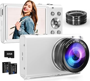 4K Digital Camera 64MP with Wide Angle Lens, 16X Digital Zoom Autofocus YouTube Compact Point Shoot Vlogging Camera for Teens/Beginners/Adult, 32GB Card, 2 Batteries, Anti-ShakeWhite
