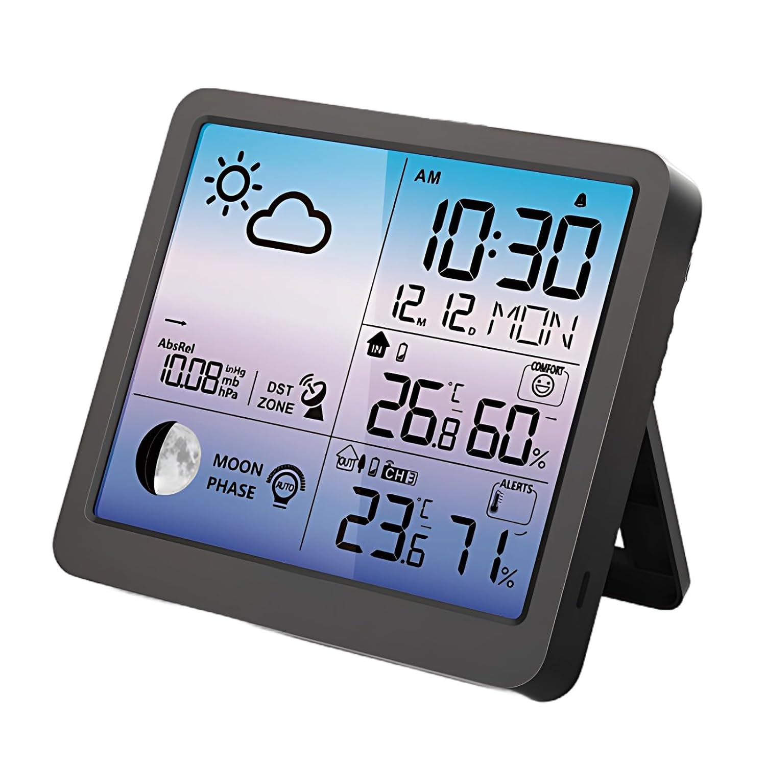 LCD Color Screen Weather Forecast Clock with Atomic Time, Wireless Indoor Outdoor Thermometer Humidity Monitor, Digital Color Display Desktop Weather Station, Barometer