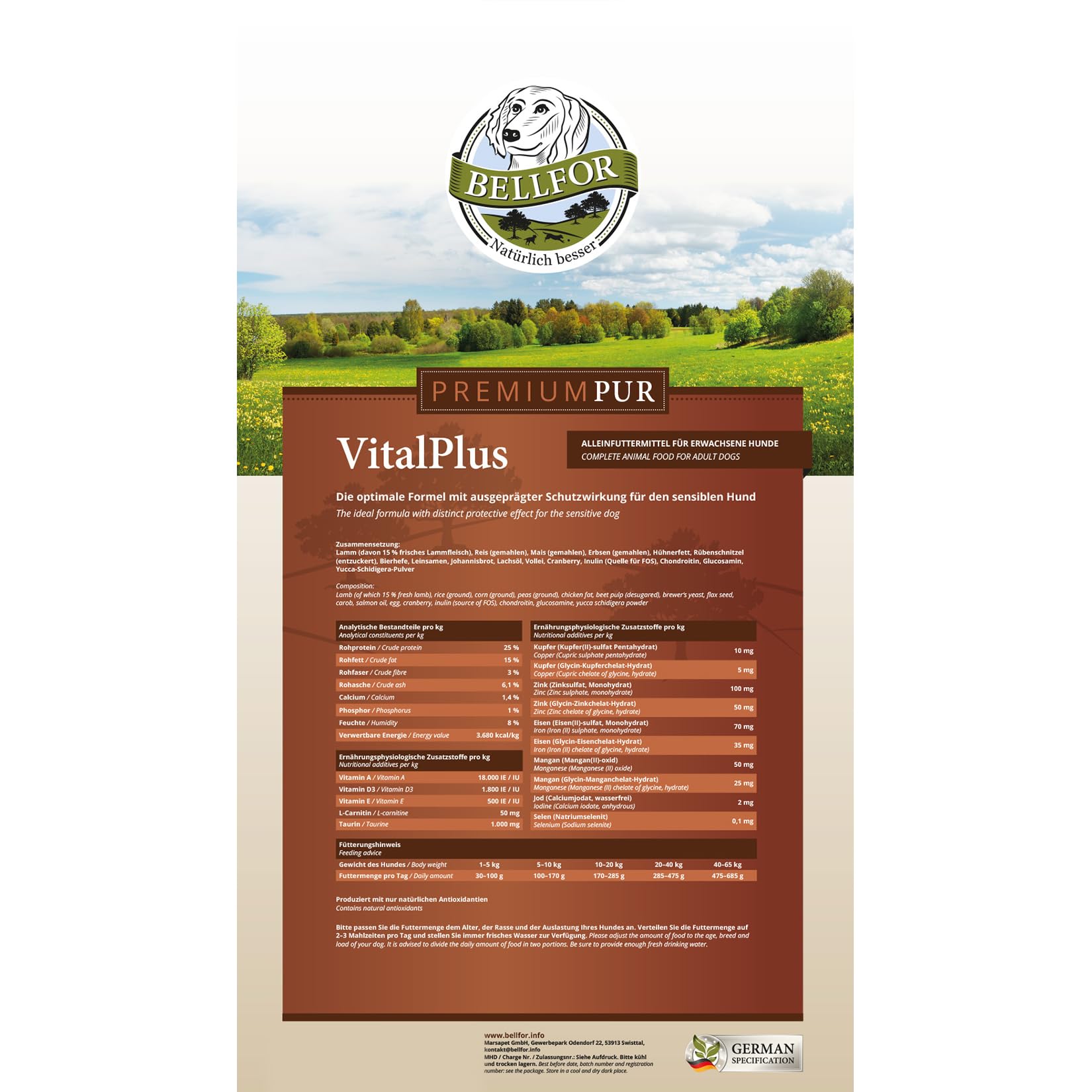 Bellfor Premium PUR VitalPlus bezglutenowa karma dla psów sucha dla normalnie aktywnych psów – 15 kg. Karma dla psów jest bogata w kwasy omega-3 i naturalne przeciwutleniacze, duże opakowanie