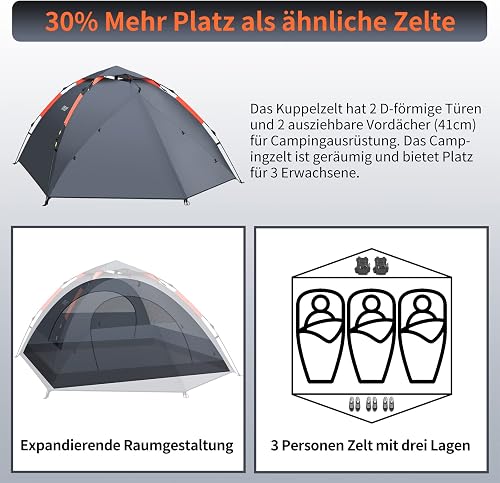 Cflity Tente de Camping, 3 Personnes Pop-up Légère Dôme Camping Tente, 4 Saison Imperméable 3 Couche Automatique Tente, Tente Sac à Dos avec 2 Porche Extensible pour Le Camping Randonnée - 3