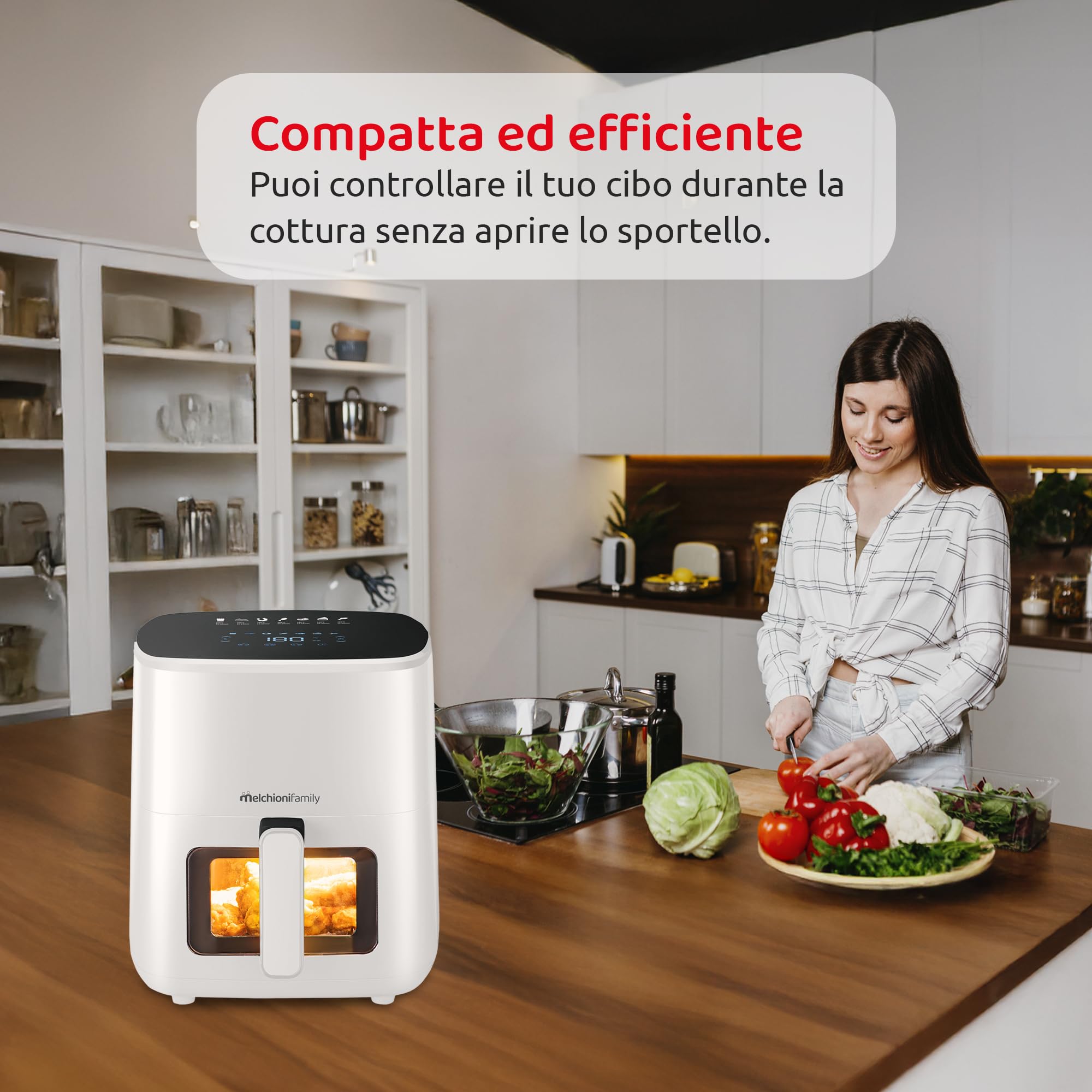 Melchioni Family | MARIANNA NEW Friggitrice ad Aria 5L Air Fryer Compatta con Contenitore Antiaderente, Display Touch, 7 Programmi, Timer 60 min, Temperatura 80°-200°C, 1500W (Ricondizionato)