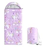 Kids Sleeping Bag for Girls Toddlers, Camping in Warm Cold Weather, Backpacking Lightweight Compact Outdoor Liner for 3 Seasons, Unicorns Rainbow Clouds