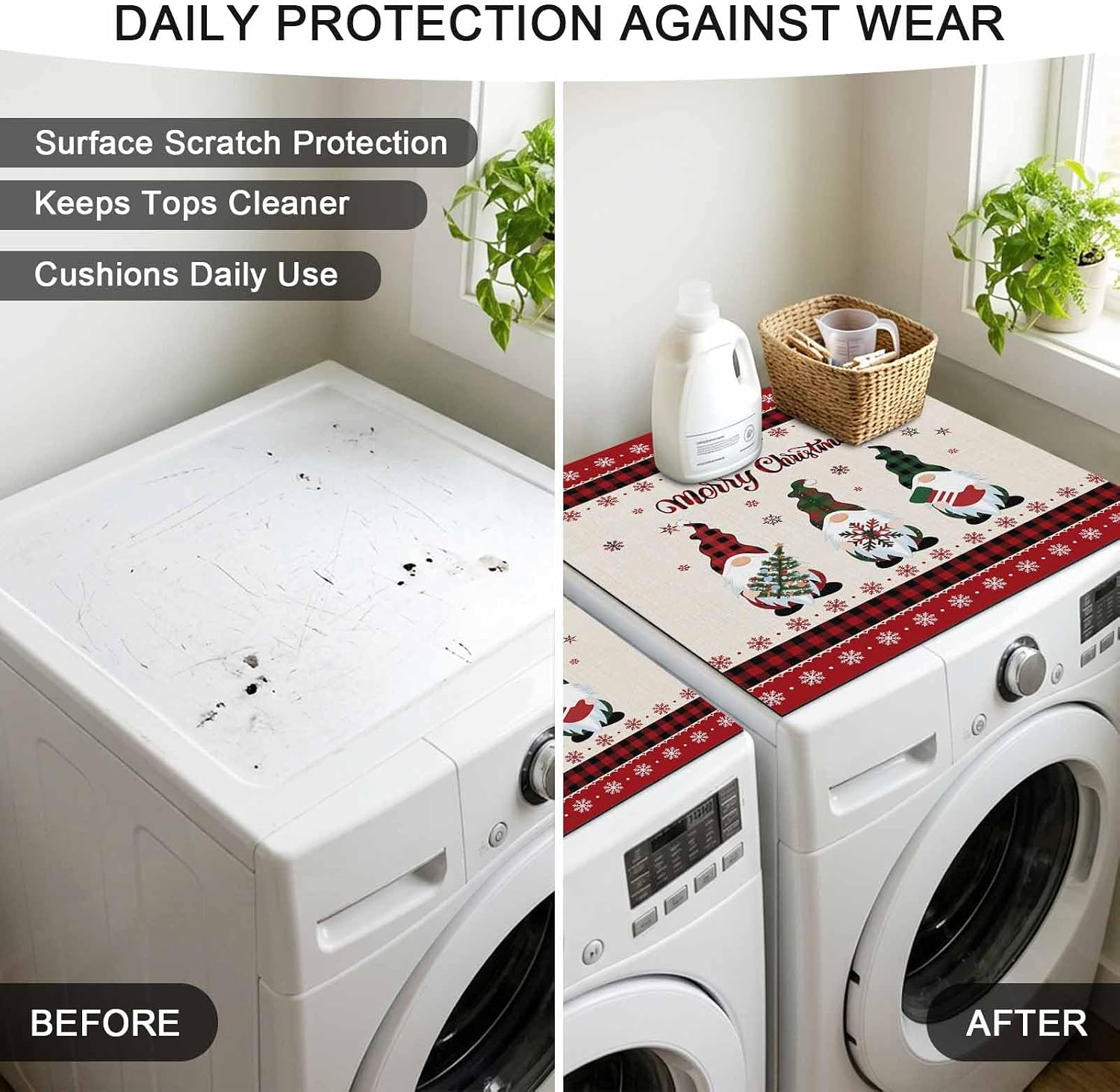 Washer and Dryer Covers for the Top, Red Gnomes Christmas Decorative Washing Machine Protector Mat, Dryer Top Cover for Laundry Room, Xmas Tree Snowflake Gifts Rustic Plaid 23.6" x 19.7" (Pack of 1) image 4