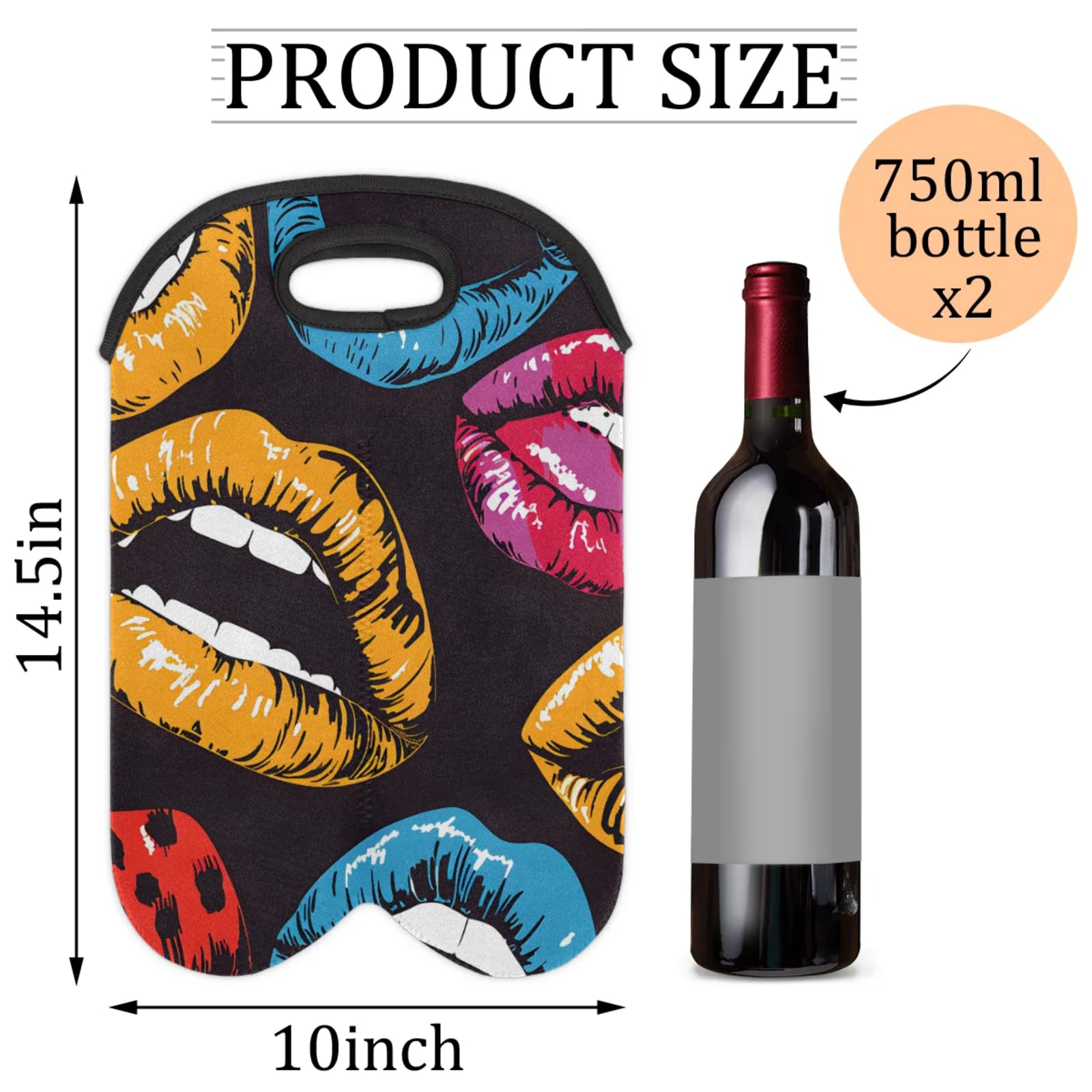 GzLeyigou 2 Bottles Colorful Lips Wine Bag Sleeve Totes Neoprene Protective Wine Carrier Bag for Wine,Water, Champagne, Beer, Baby Bottles,Gift 14.5 x 10 Inches